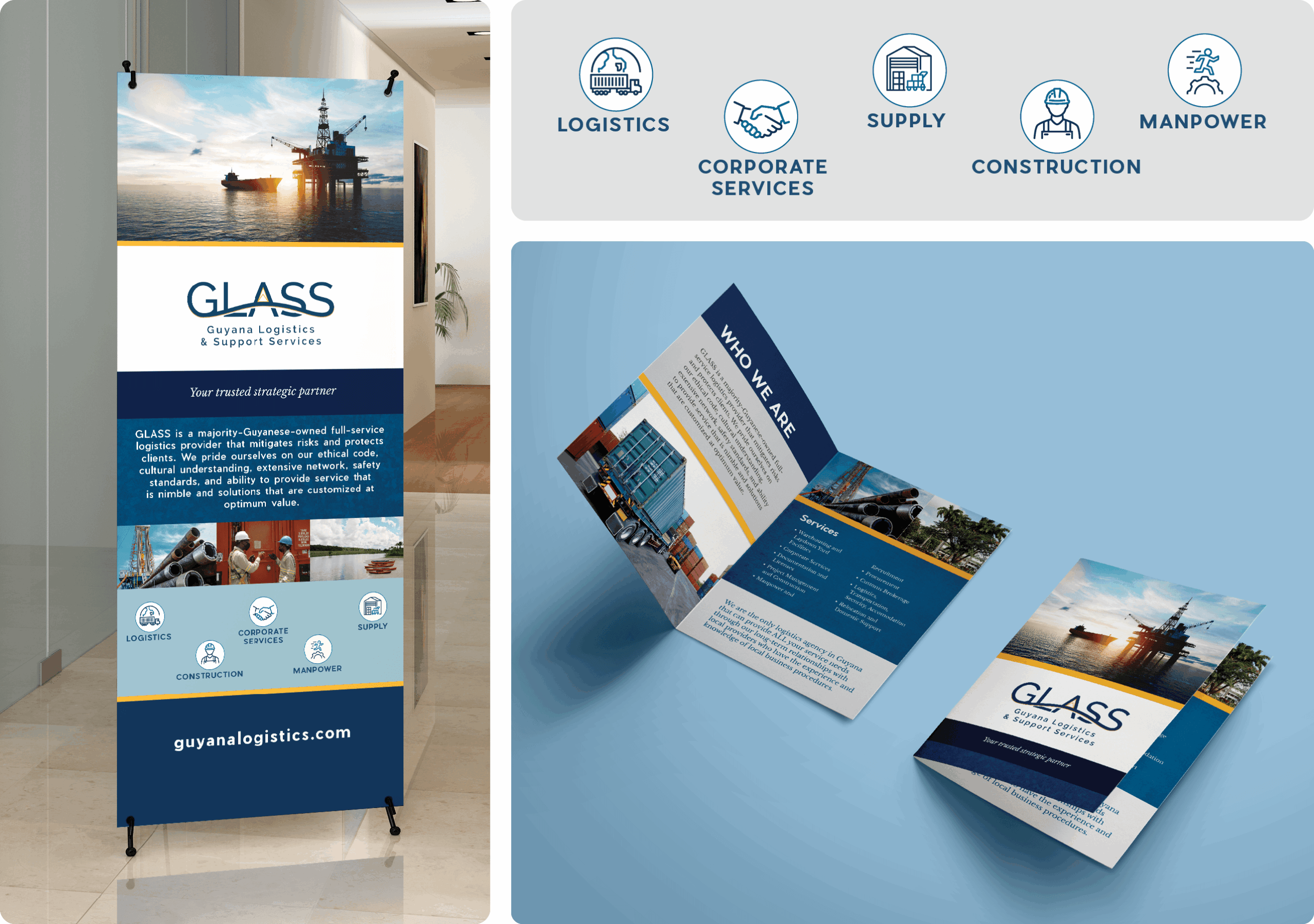 Vertical banner and brochures for logistics company with icons and images, blue and white color scheme.