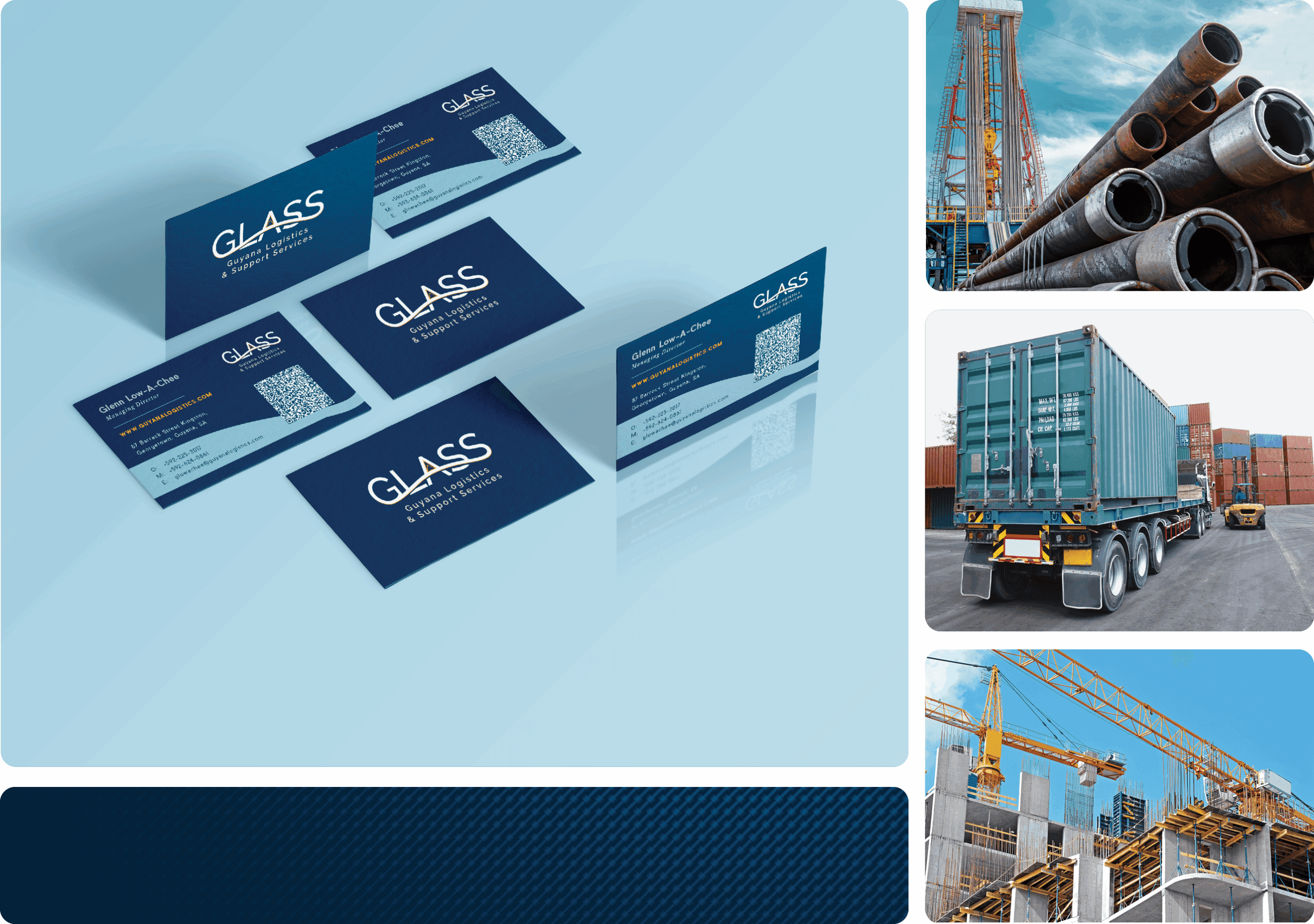 Business cards with a blue and white design, featuring the word 'GLASS' and contact details, arranged on a light background.
