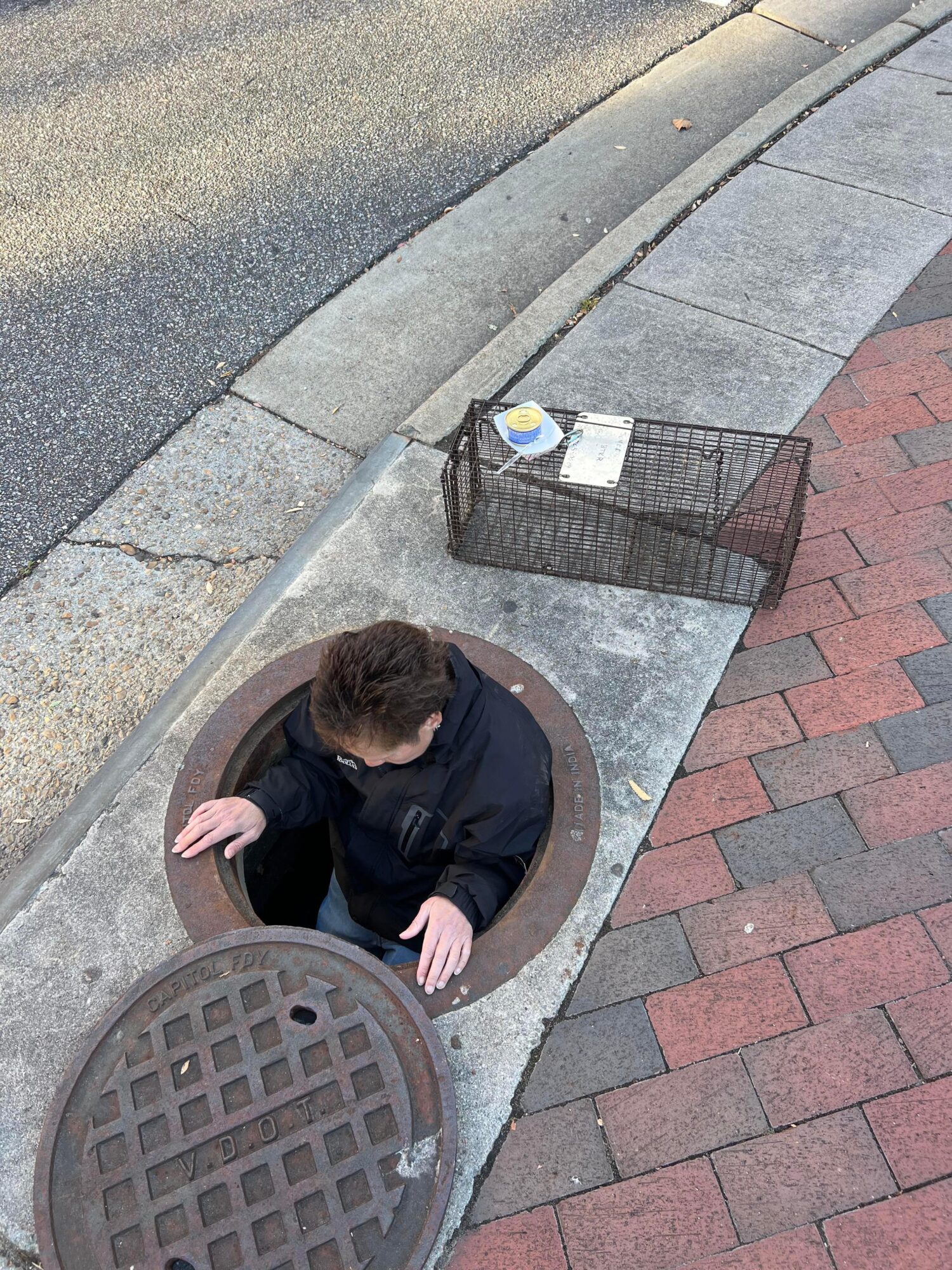 Person with dark hair and dark clothing crouches in a manhole opening on sidewalk, with an empty shopping cart nearby.