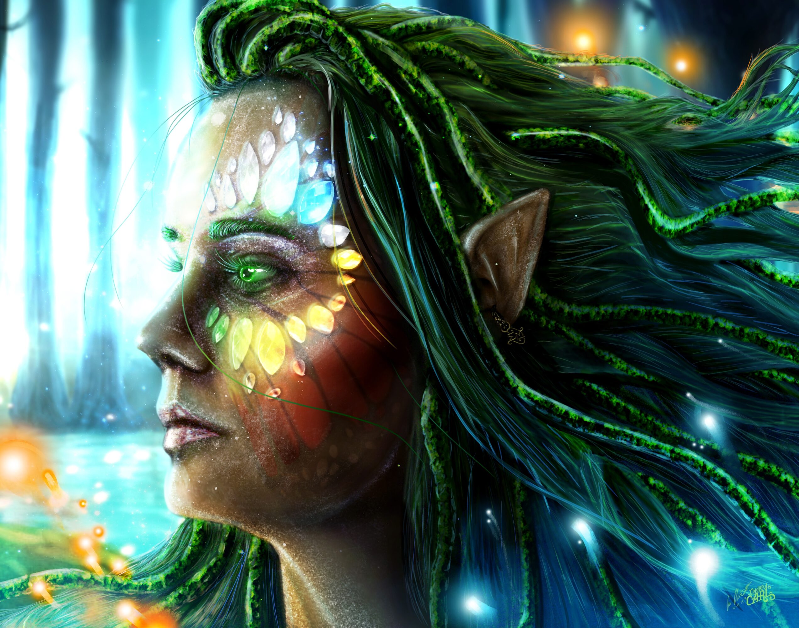 Profile of a fantasy elf with green hair, glowing face paint, and pointed ears, in a luminous forest scene.