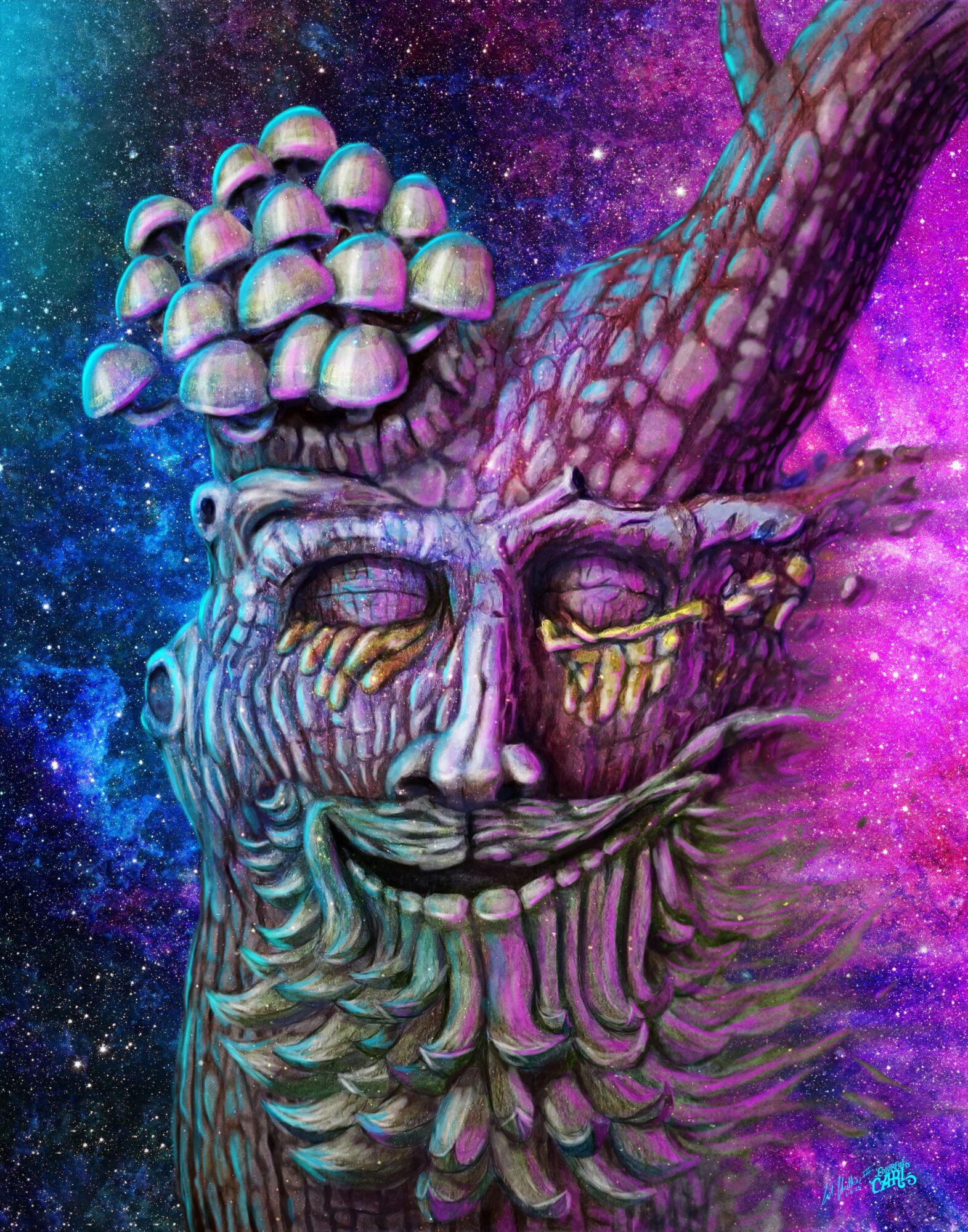 A surreal tree with a face, mushrooms on its head, set against a colorful galaxy background.