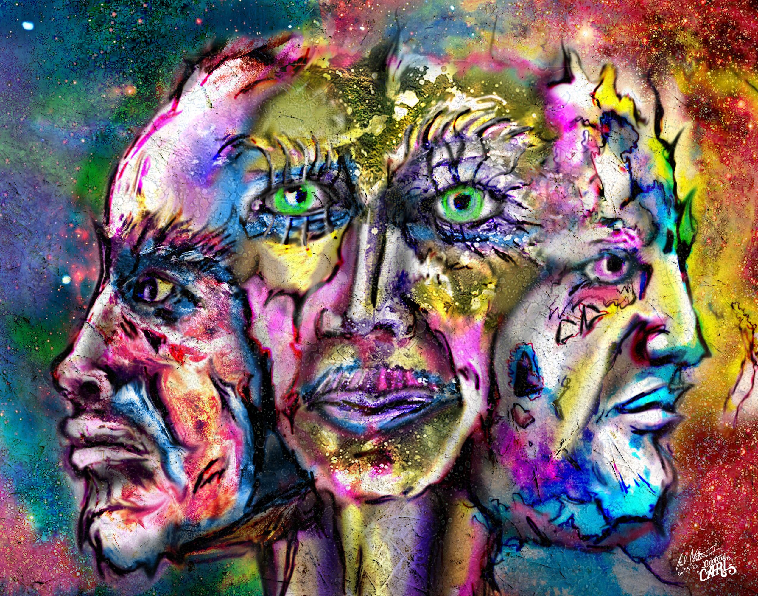 Colorful abstract painting of three faces with vibrant colors and expressive features.