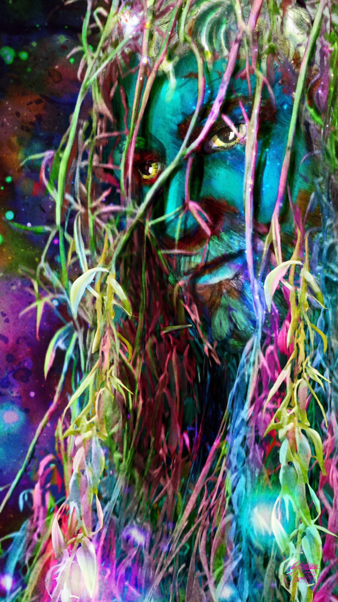 A colorful, abstract portrait of a person's face intertwined with hanging plants and vibrant light effects.