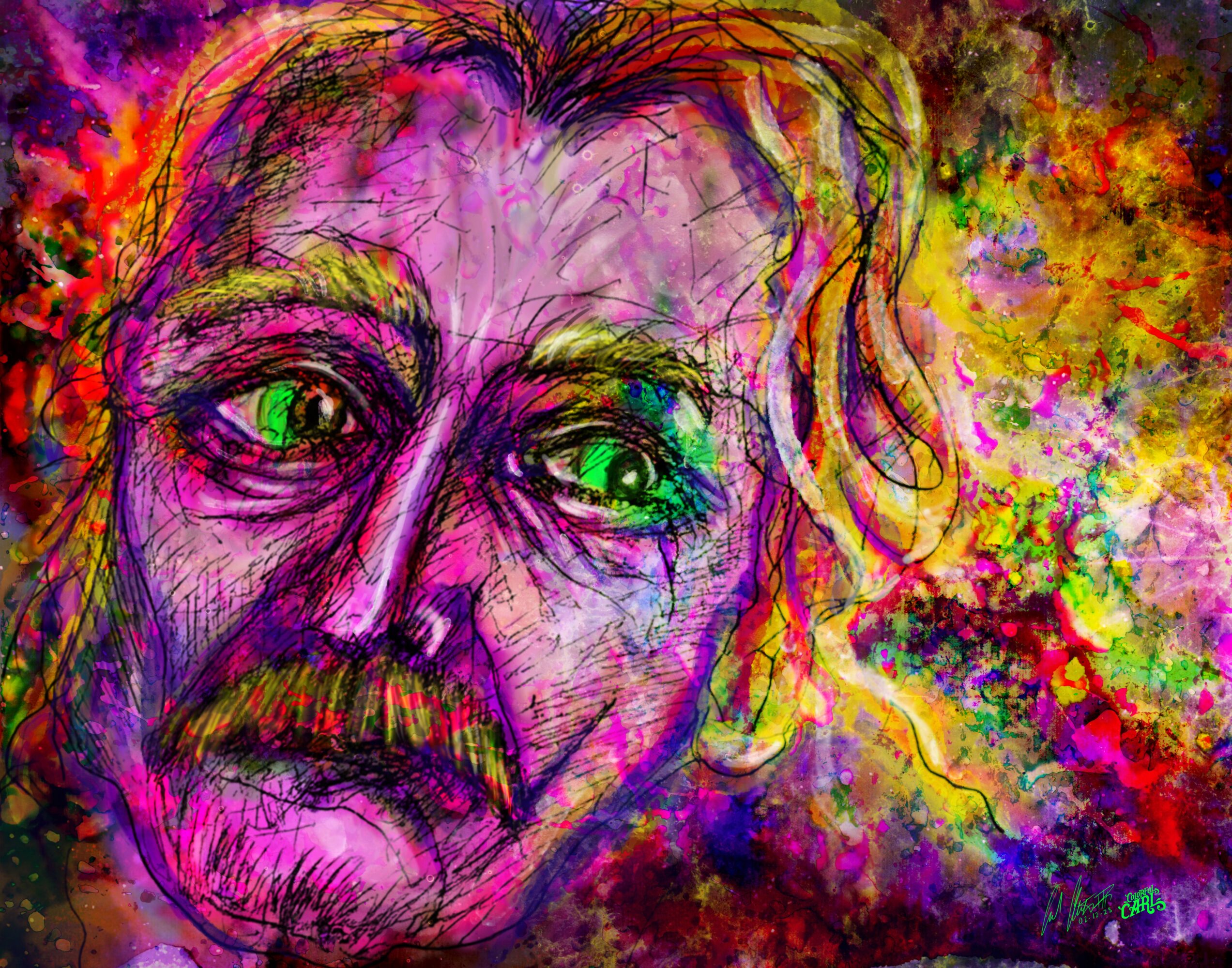 Colorful abstract portrait of a man with green eyes, mustache, and wavy hair, surrounded by vibrant splashes of paint.