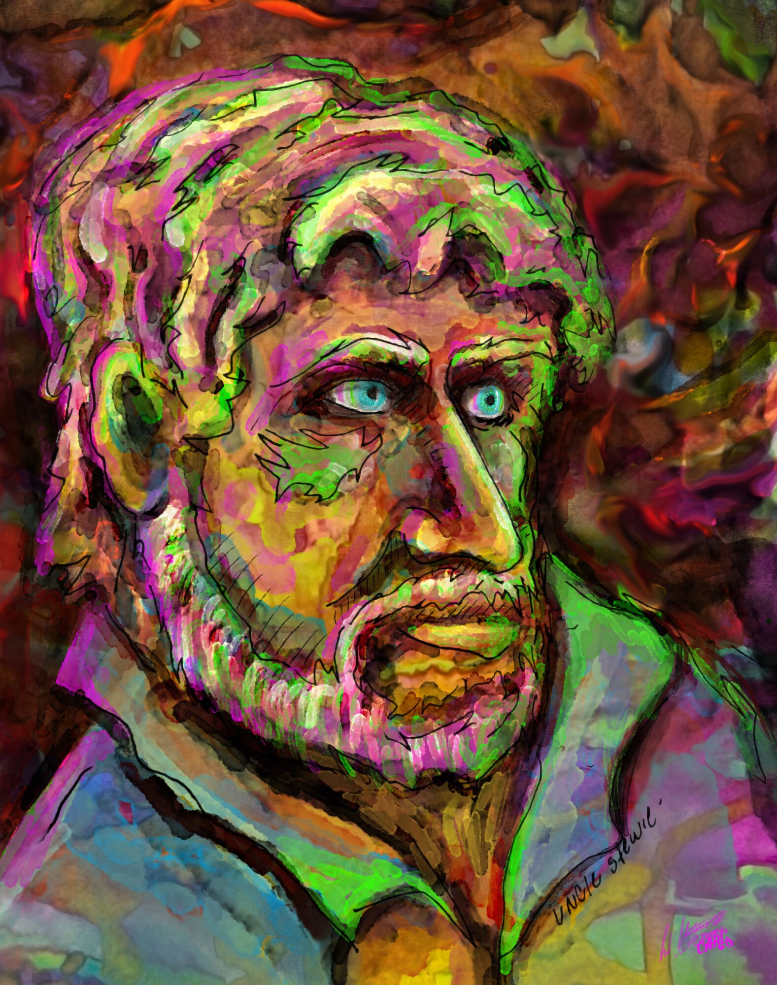 Portrait of a bearded man with intense eyes, colorful abstract background, painted in vibrant, expressive brushstrokes.