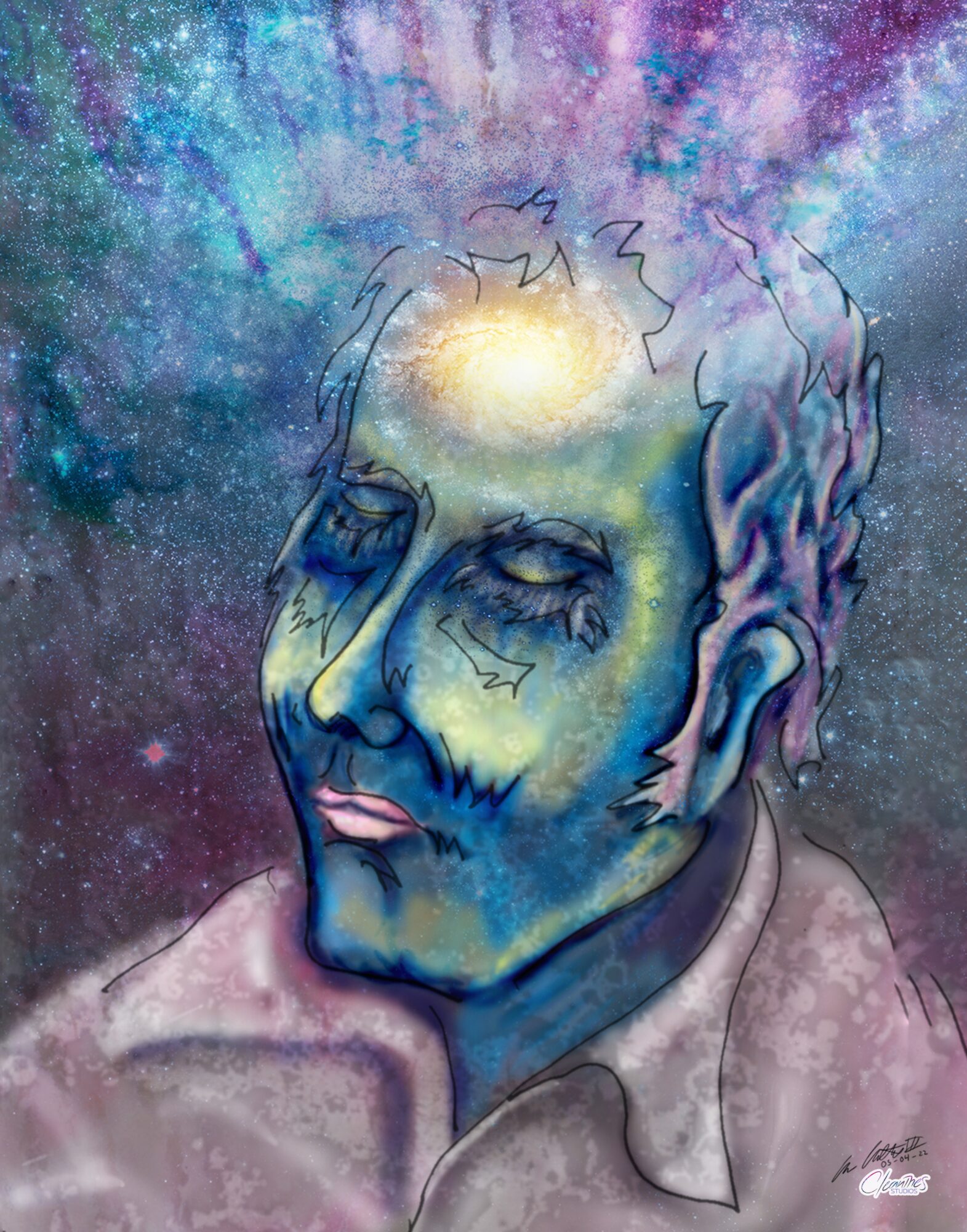 A surreal portrait of a person with blue skin and closed eyes, set against a cosmic background with stars and nebulae.