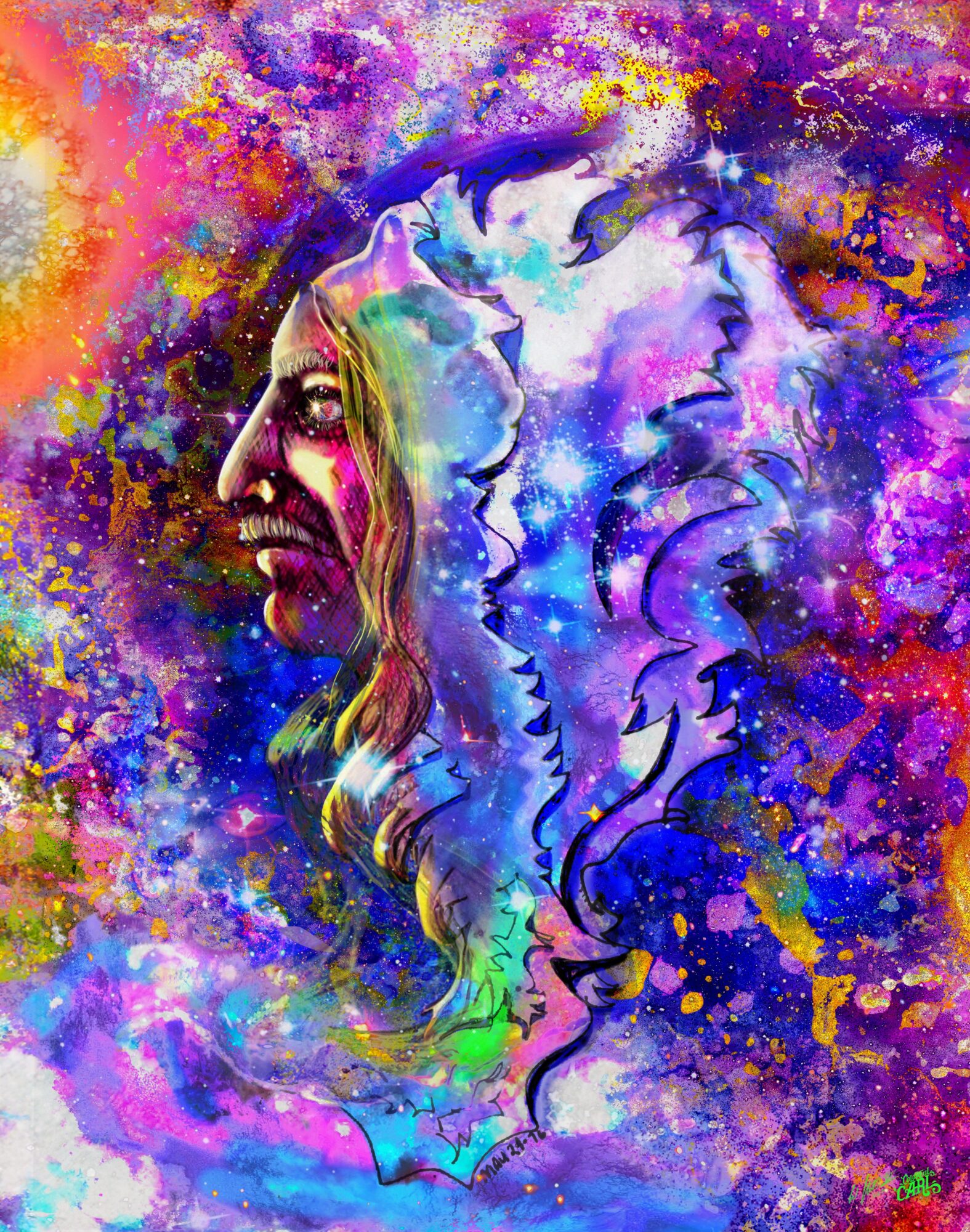 Colorful abstract painting of a woman's face with flowing hair, surrounded by vibrant splashes of color and cosmic elements.