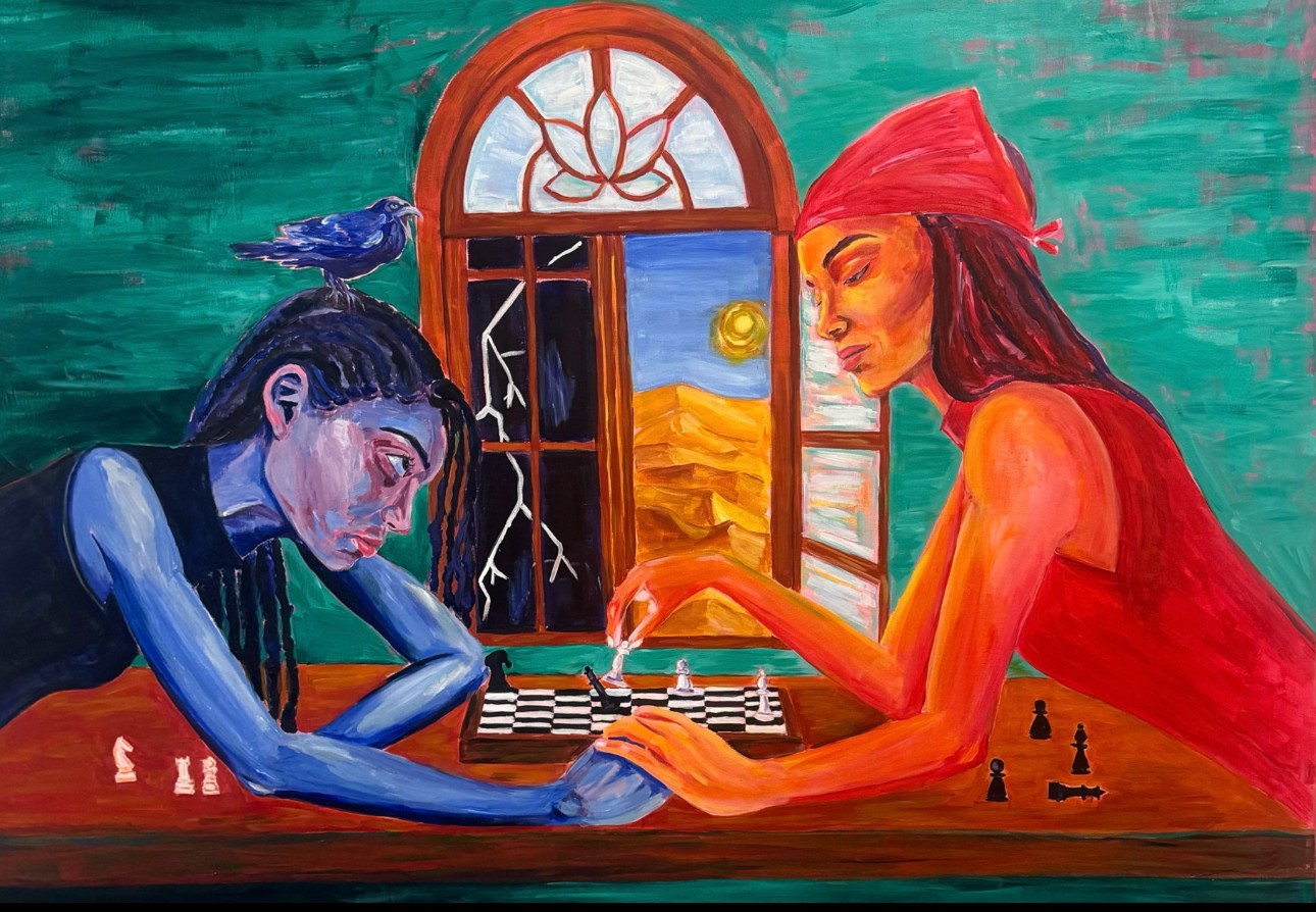 Two women with painted skin playing chess at a table, with a window showing a sunset and landscape behind them.