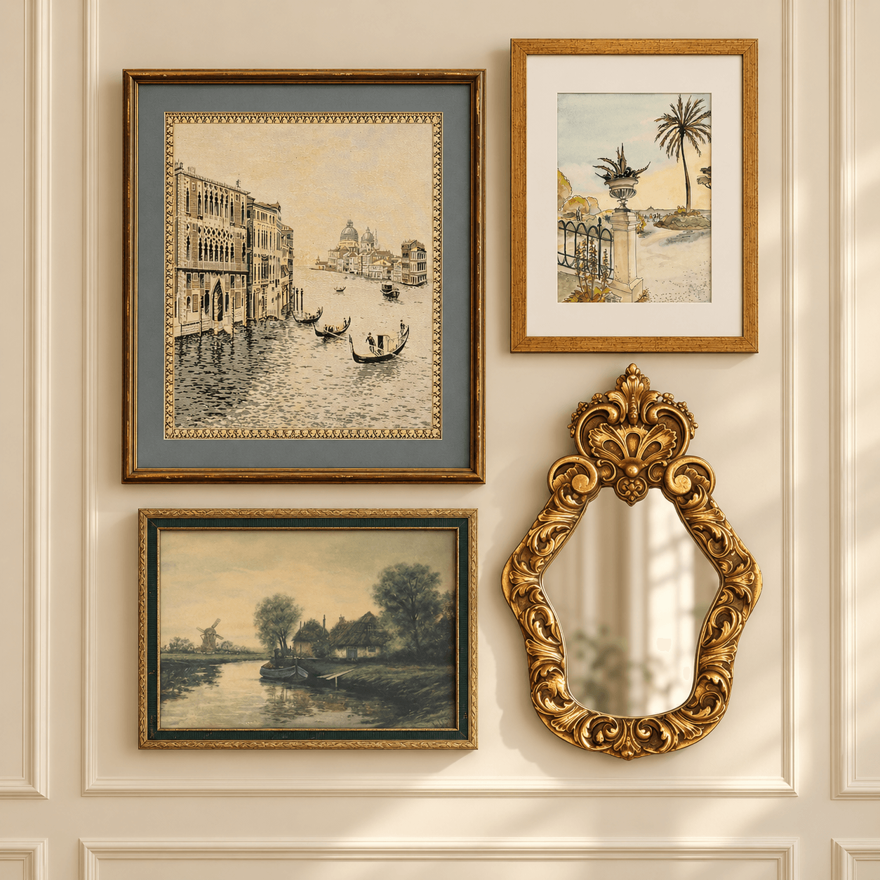 Four framed artworks and a decorative mirror on a wall, including a cityscape, a tropical scene, a landscape, and a gold ornate mirror.