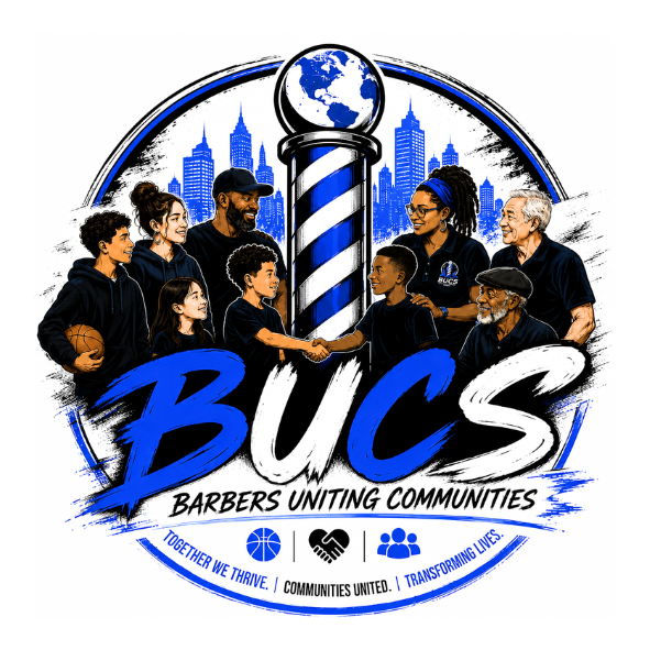 Group of diverse people shaking hands in front of a logo with a globe, city skyline, and the word BUCS, representing community unity.