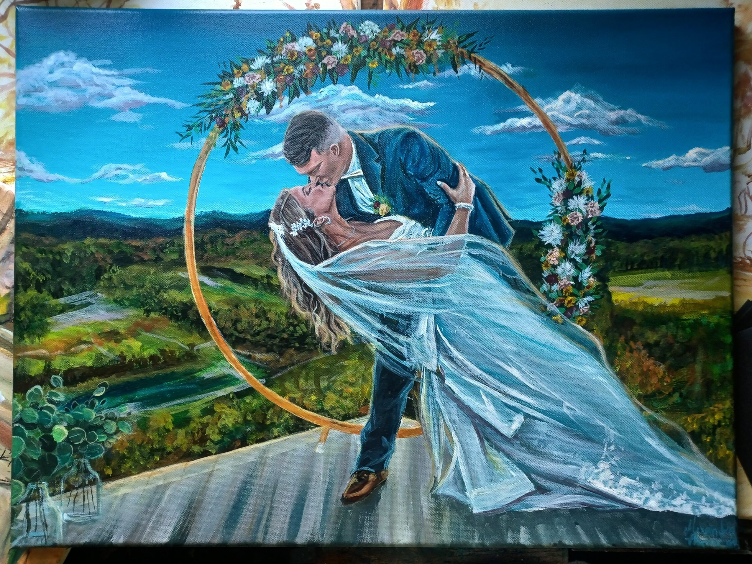 Painting of a couple dancing outdoors under a floral arch, with a landscape background and blue sky.