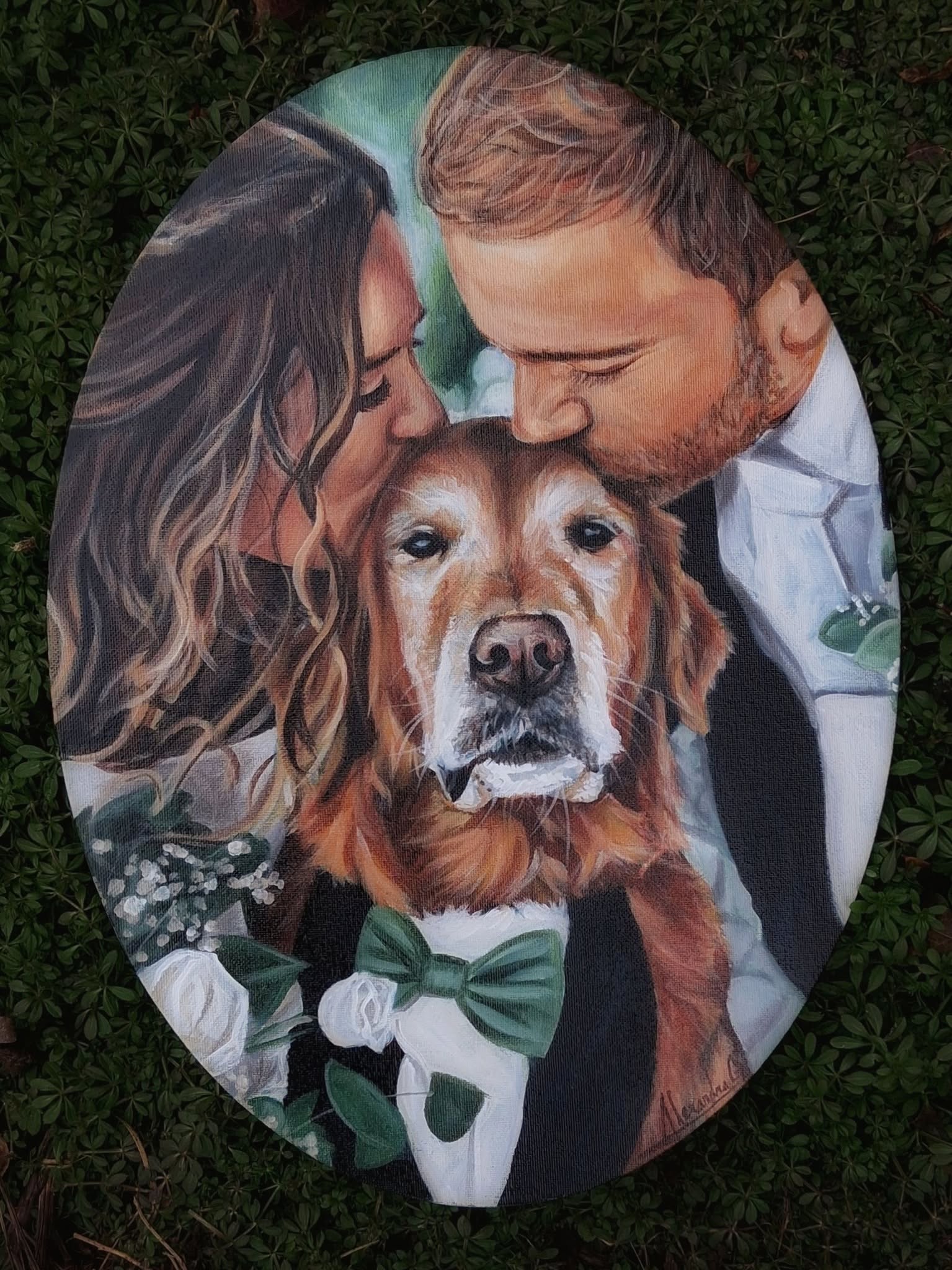 Couple with a dog, both leaning close, outdoors, dog wearing a green bow tie, painted in a realistic style.