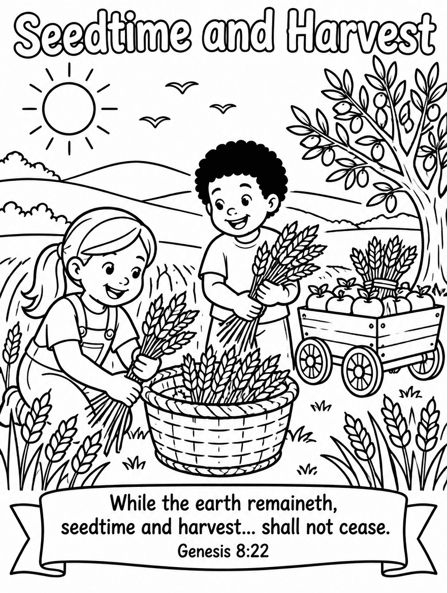 Children harvest wheat in a field with a tree, cart, and sun, under a sky with birds, illustrating Genesis 8:22.