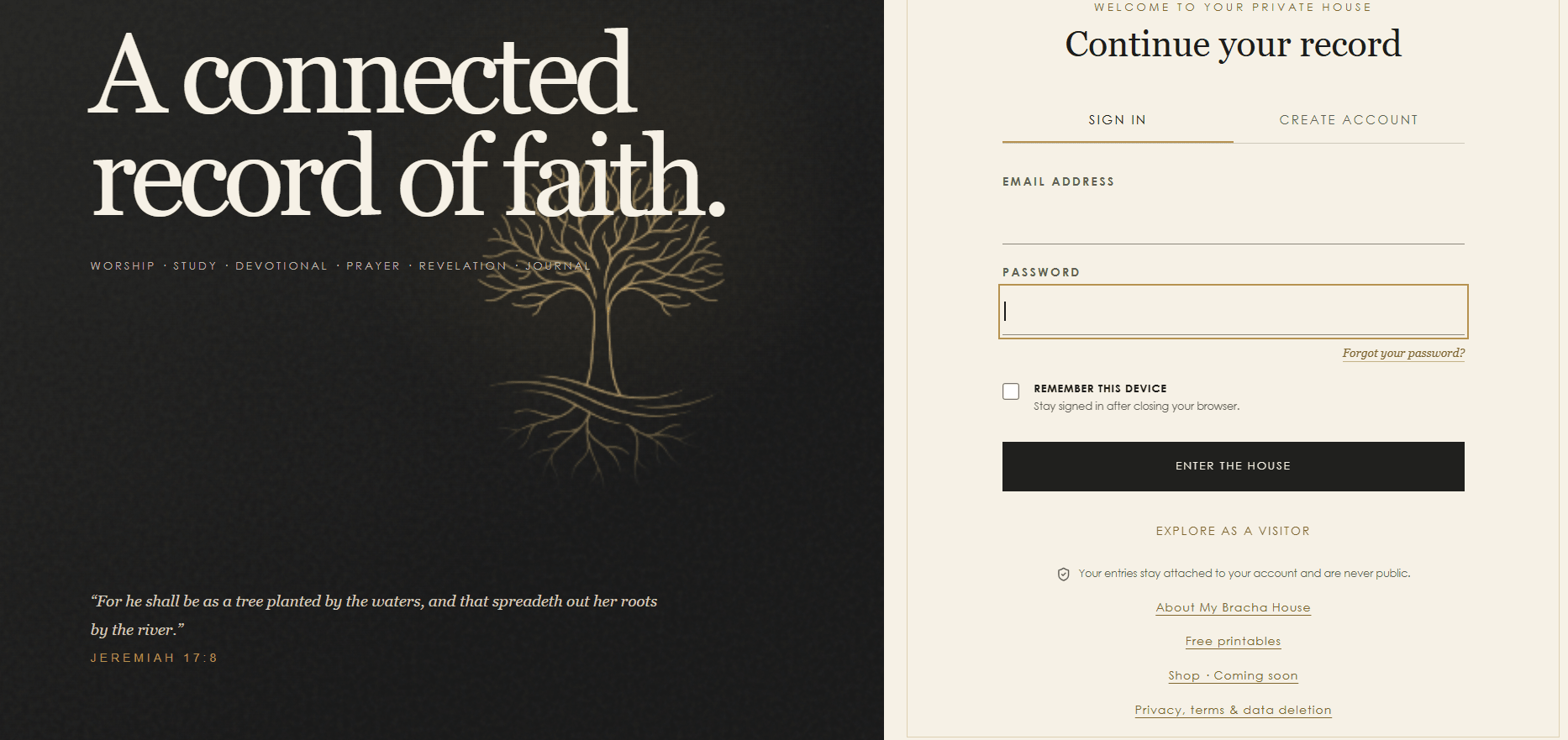 A black and white image with text about a connected record of faith and a form to continue a record, with a tree illustration.