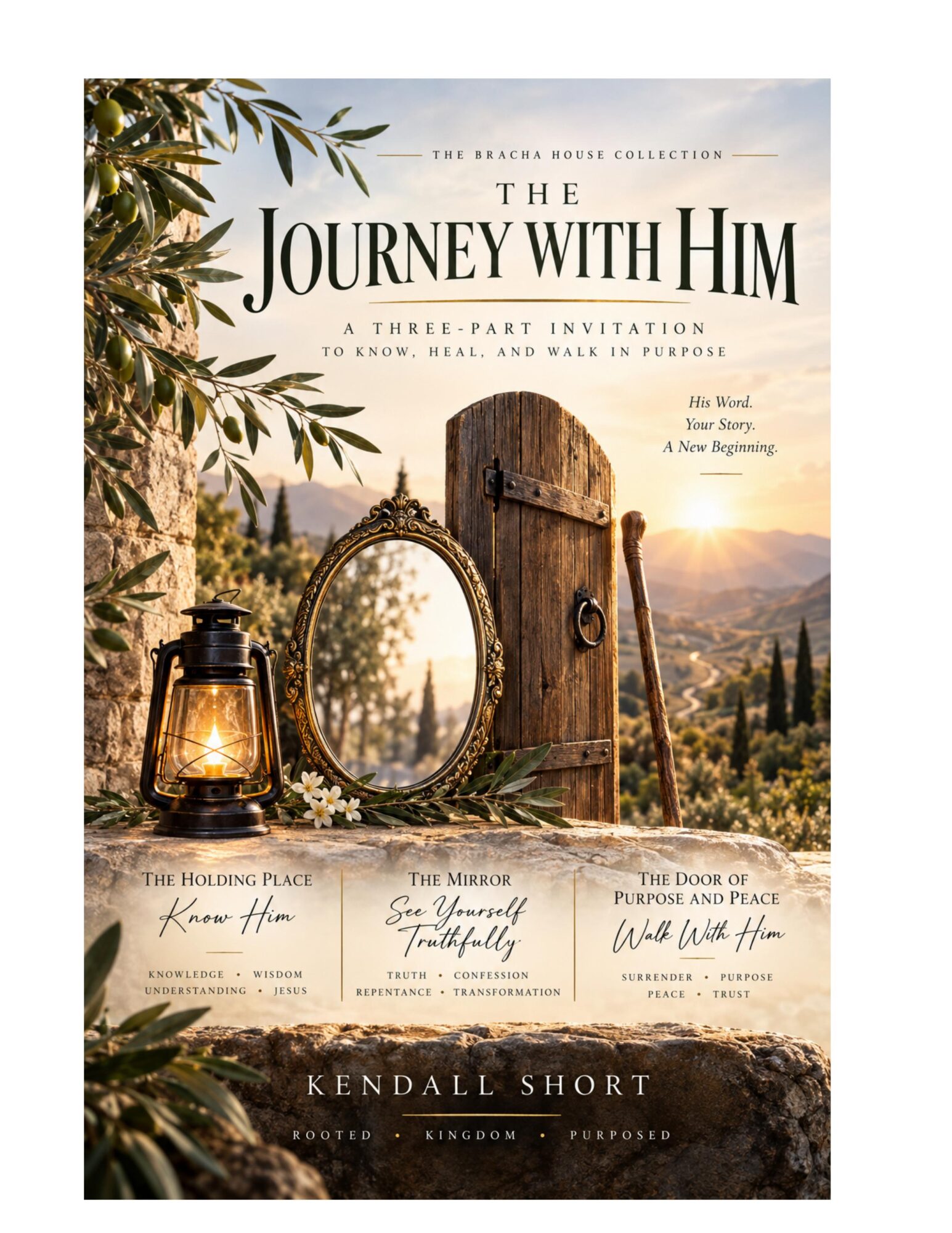 Book cover titled 'The Journey with Him' featuring a wooden door, mirror, lantern, and landscape background.
