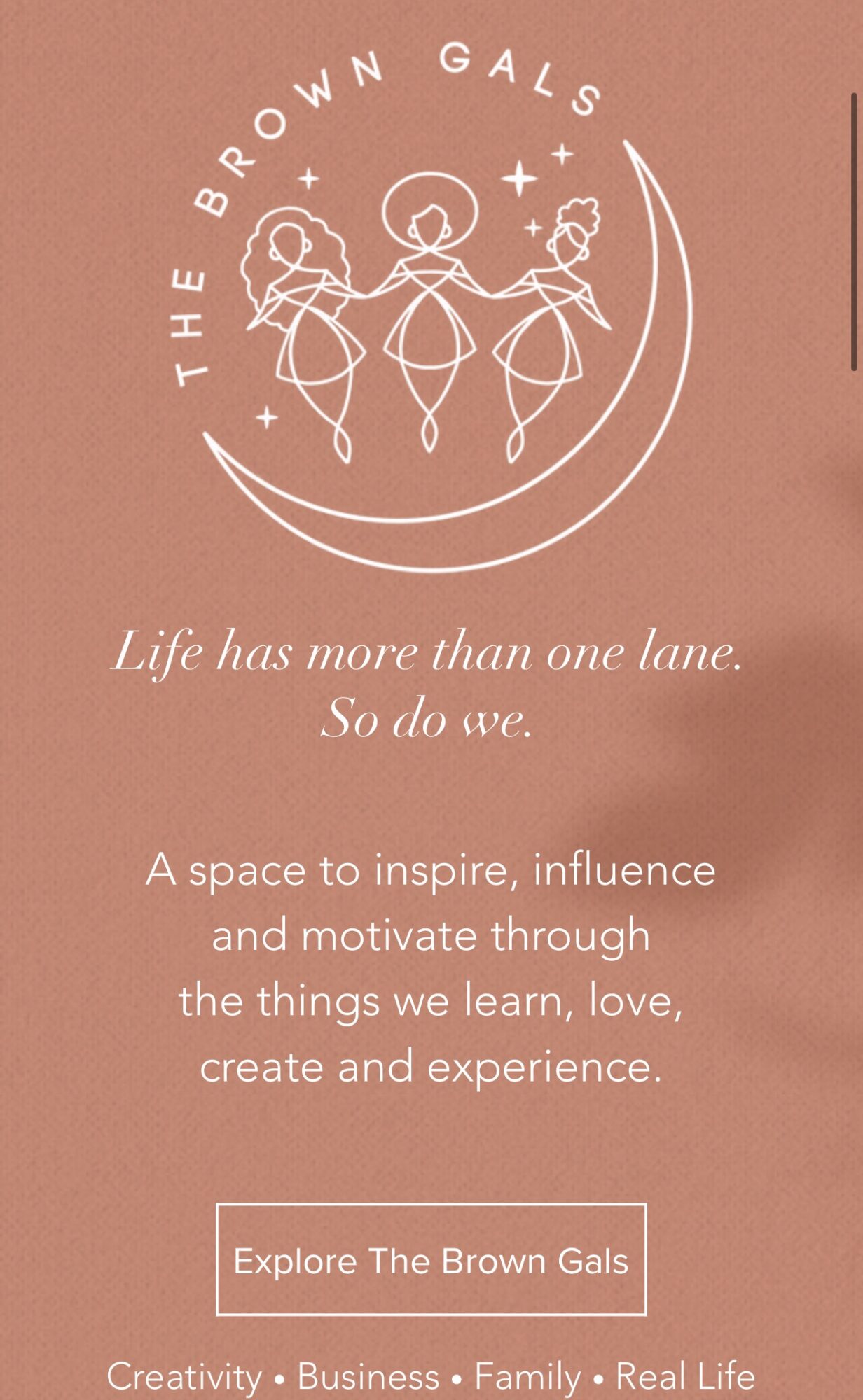 Pink background with white line drawing of three women holding hands, surrounded by stars and a crescent moon. Text about empowerment and community.