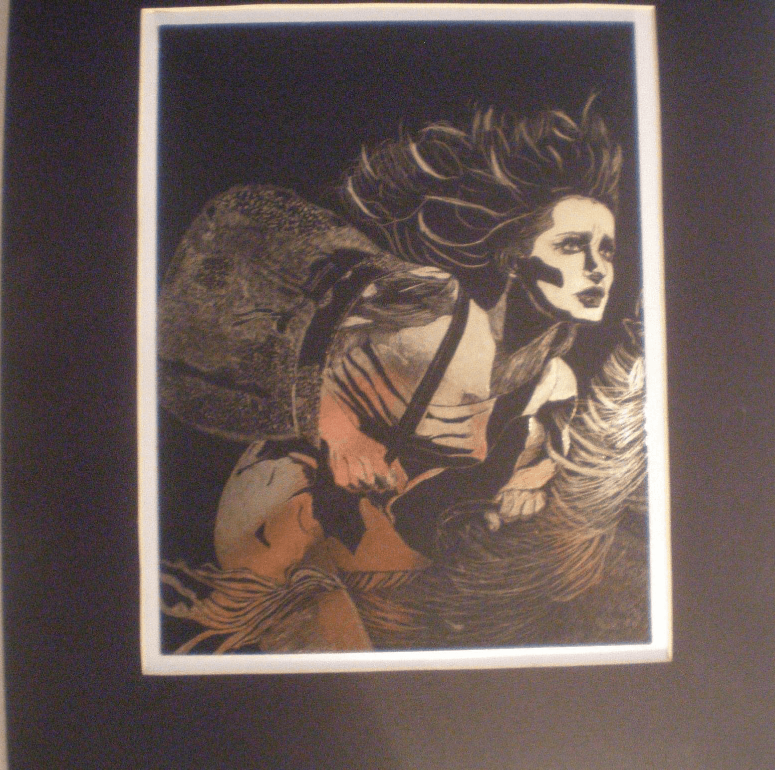 Drawing of a woman with flowing hair, carrying a backpack, with a dark background, in a stylized art style.
