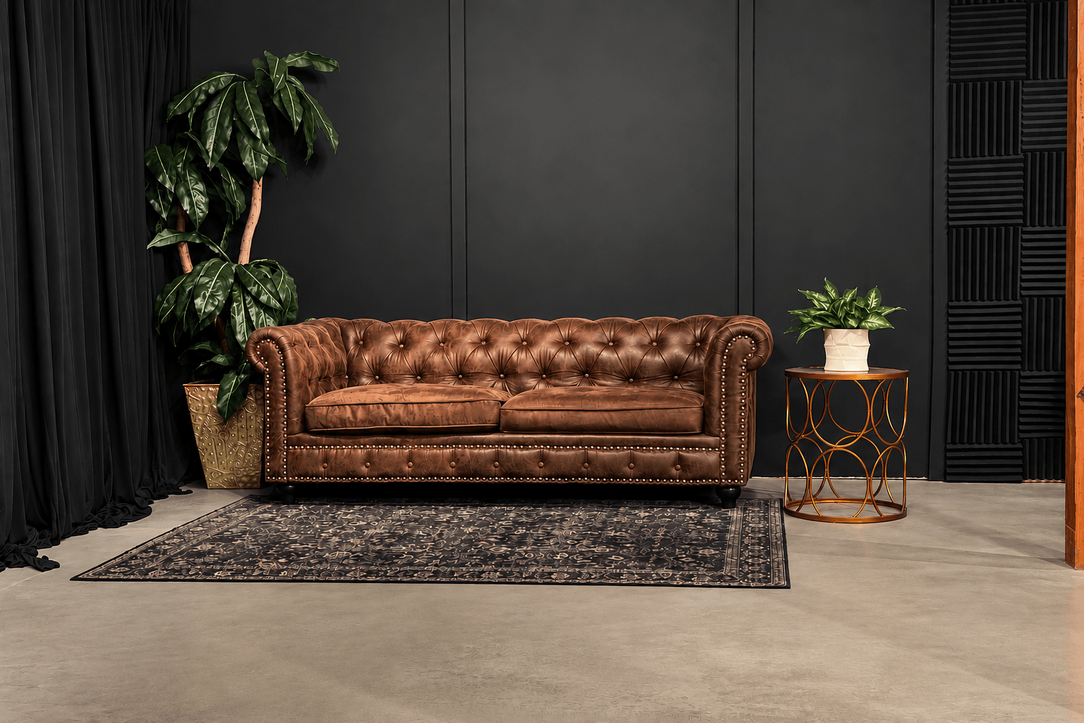 Brown leather tufted sofa with a patterned rug in front, a tall green plant on the left, and a small table with a plant on the right.