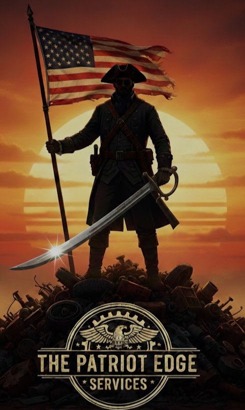 Silhouette of a soldier holding an American flag and a sword against a sunset background, with a logo and text at the bottom.