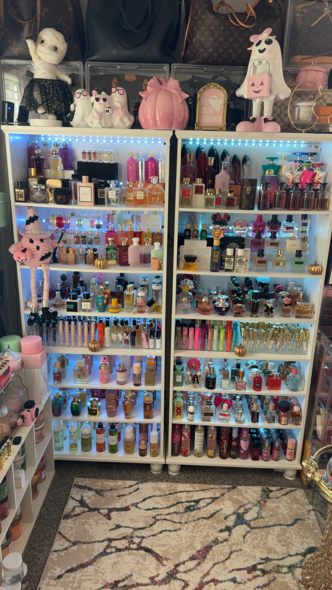 Two white shelves filled with colorful bottles and containers, with plush toys and decorative items on top, on a patterned floor.
