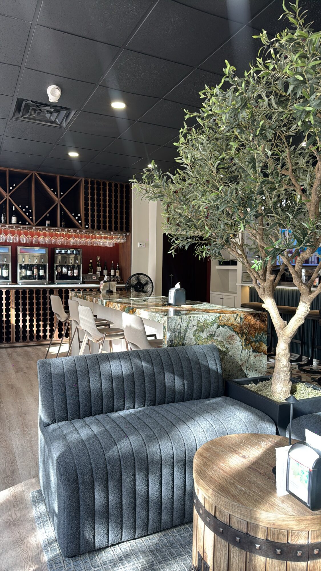 Indoor space with a black striped sofa, a large potted tree, and a bar area in the background.