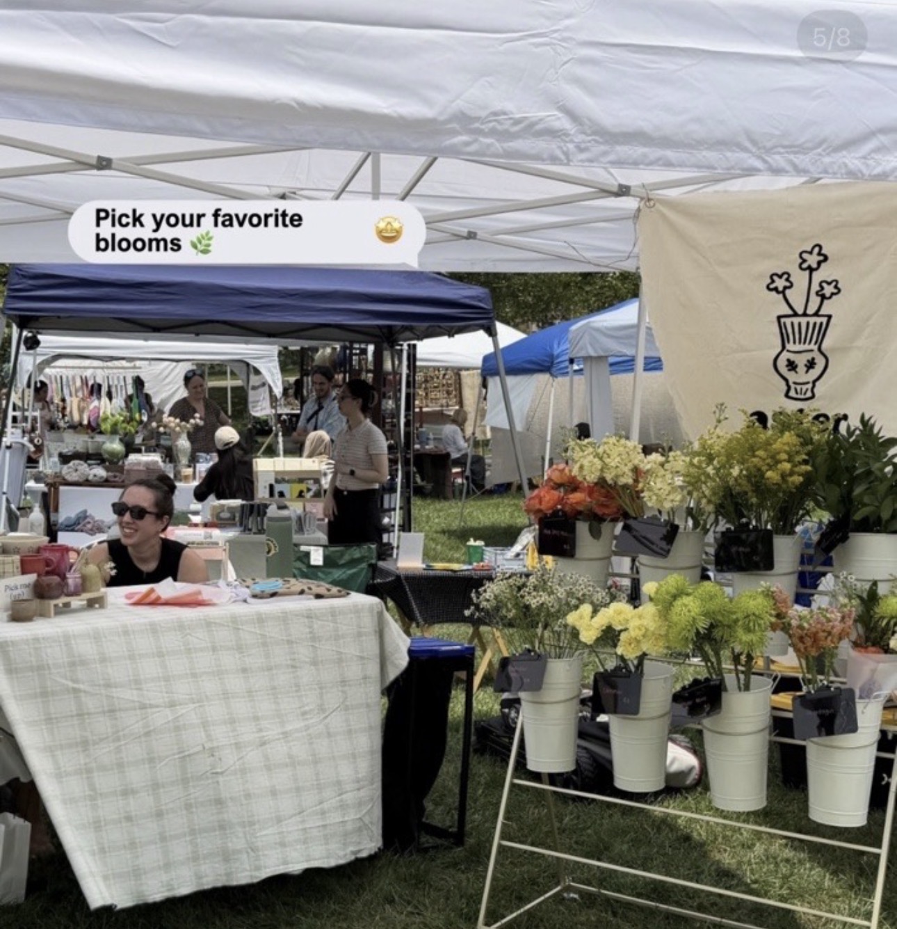Outdoor market stall with flowers in white pots, a table with a checkered cloth, and people shopping under tents.