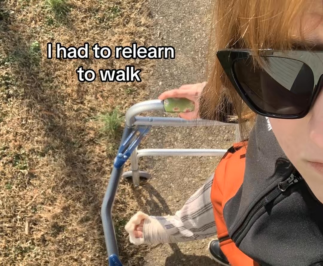 Person wearing sunglasses and an orange backpack, holding a walking aid outdoors, with text overlay about relearning to walk.