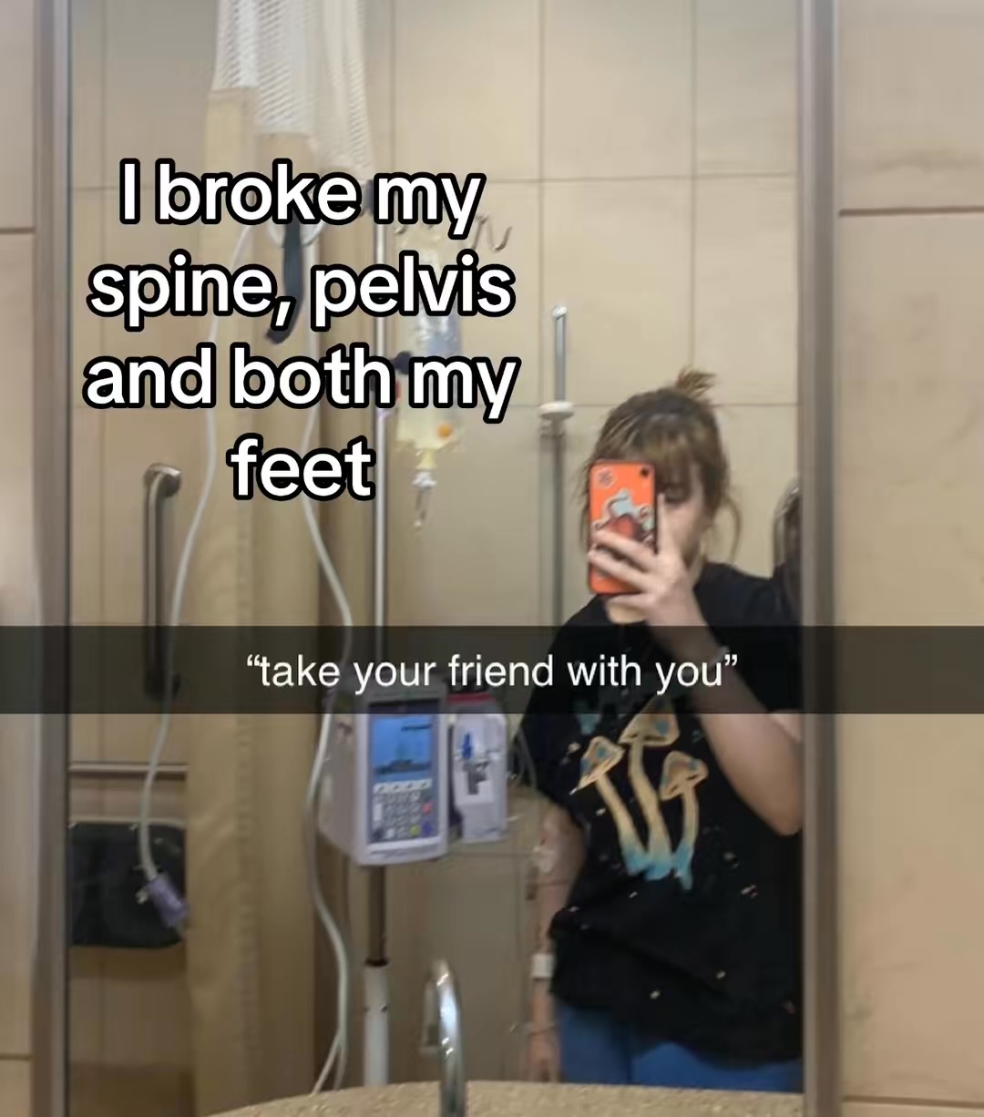 Person taking a mirror selfie in a bathroom, holding a phone, with text overlay about injury and a quote. Word count: 27