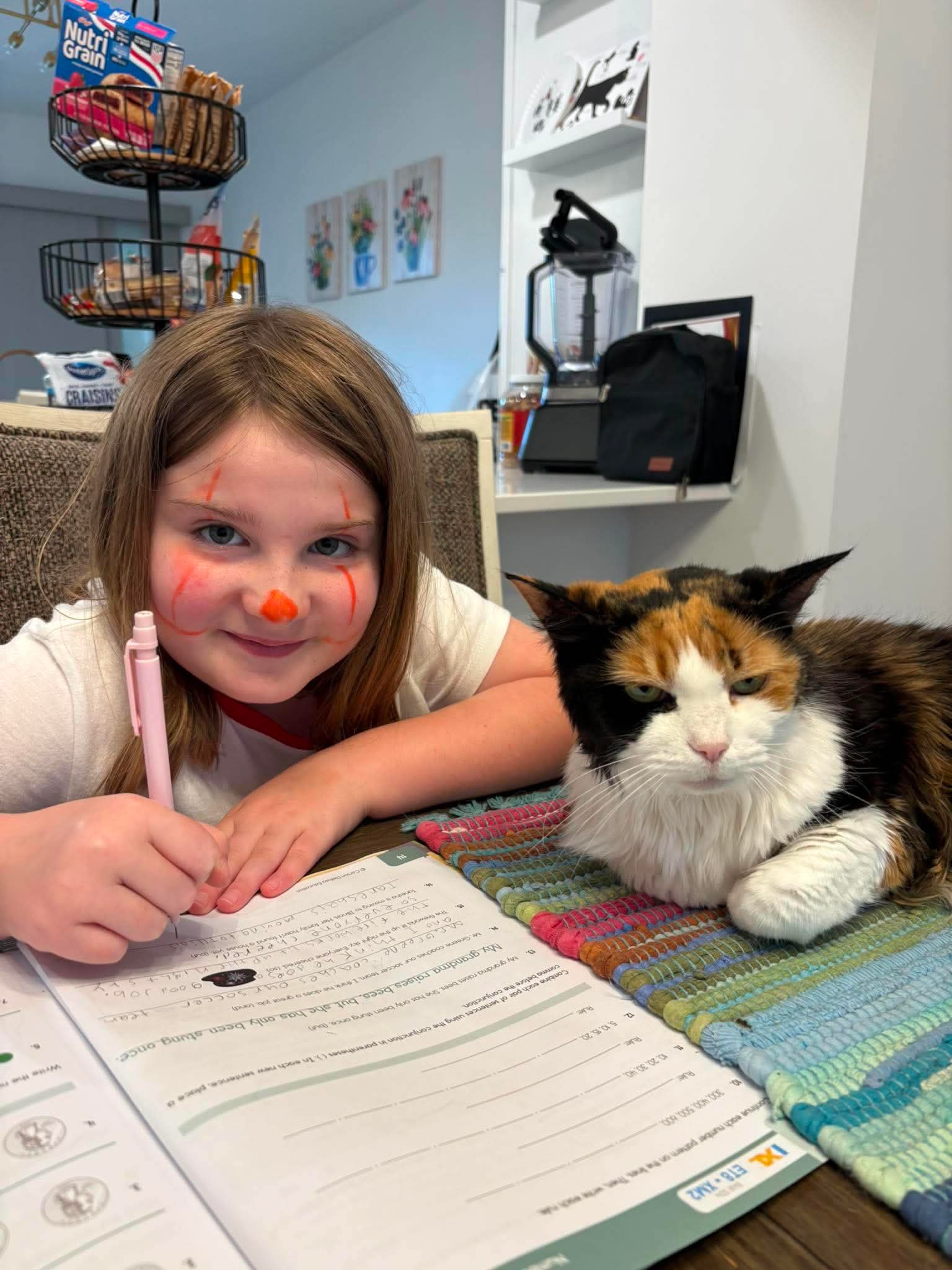 Child with face paint and a cat sitting at a table with papers, in a room with shelves and artwork.