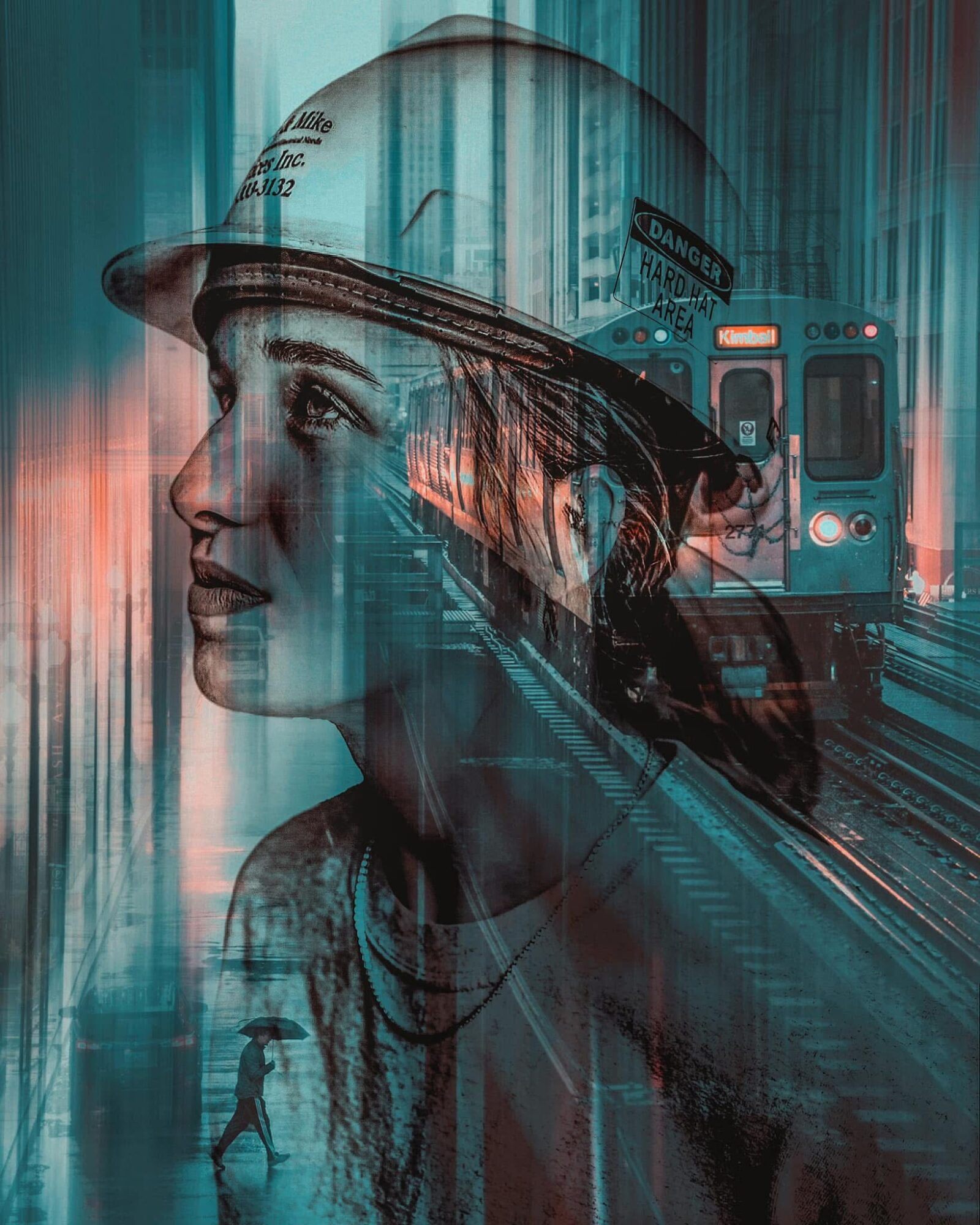 A woman wearing a hard hat, with a cityscape and train tracks superimposed, creating a layered, digital art effect.