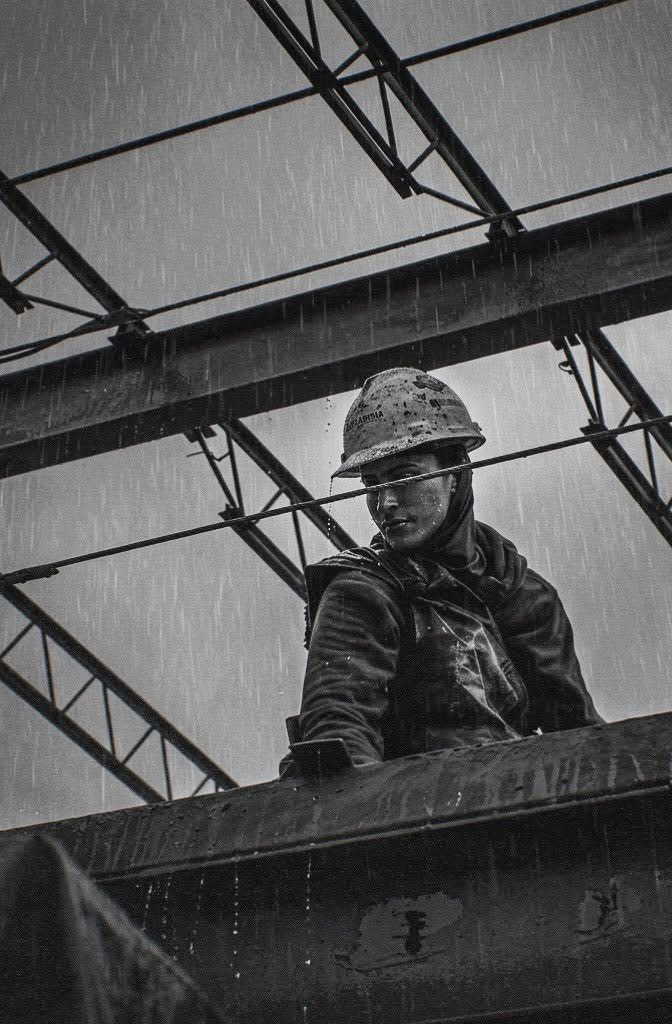 Worker wearing a helmet and jacket, standing under metal framework in rain, looking to the side.
