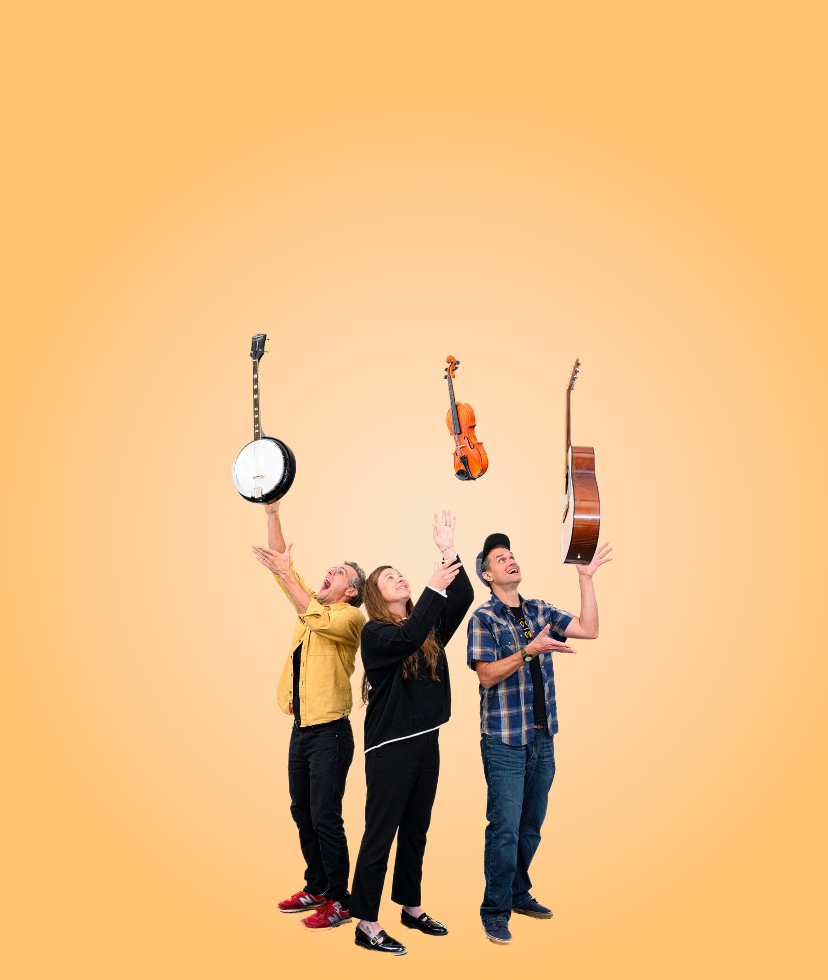 Three people balancing musical instruments in the air against a peach background.