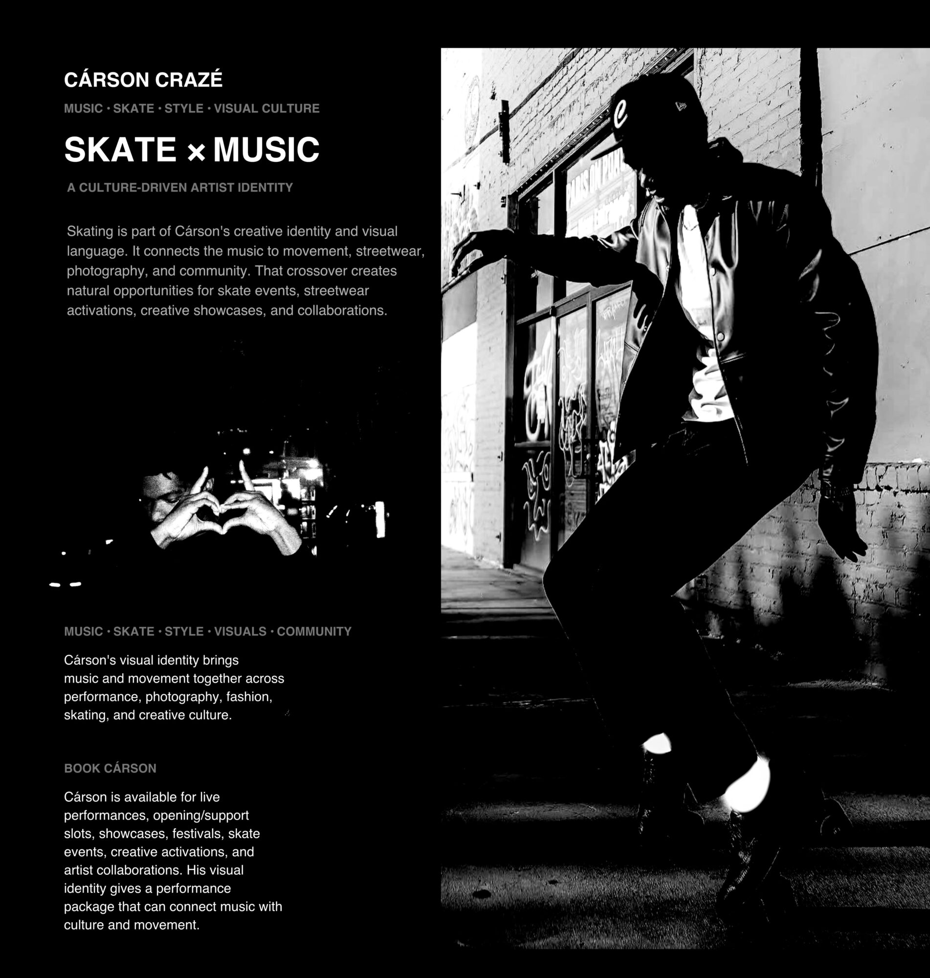 Black and white image of a person skateboarding outdoors, leaning against a wall with graffiti, wearing a hoodie and cap.