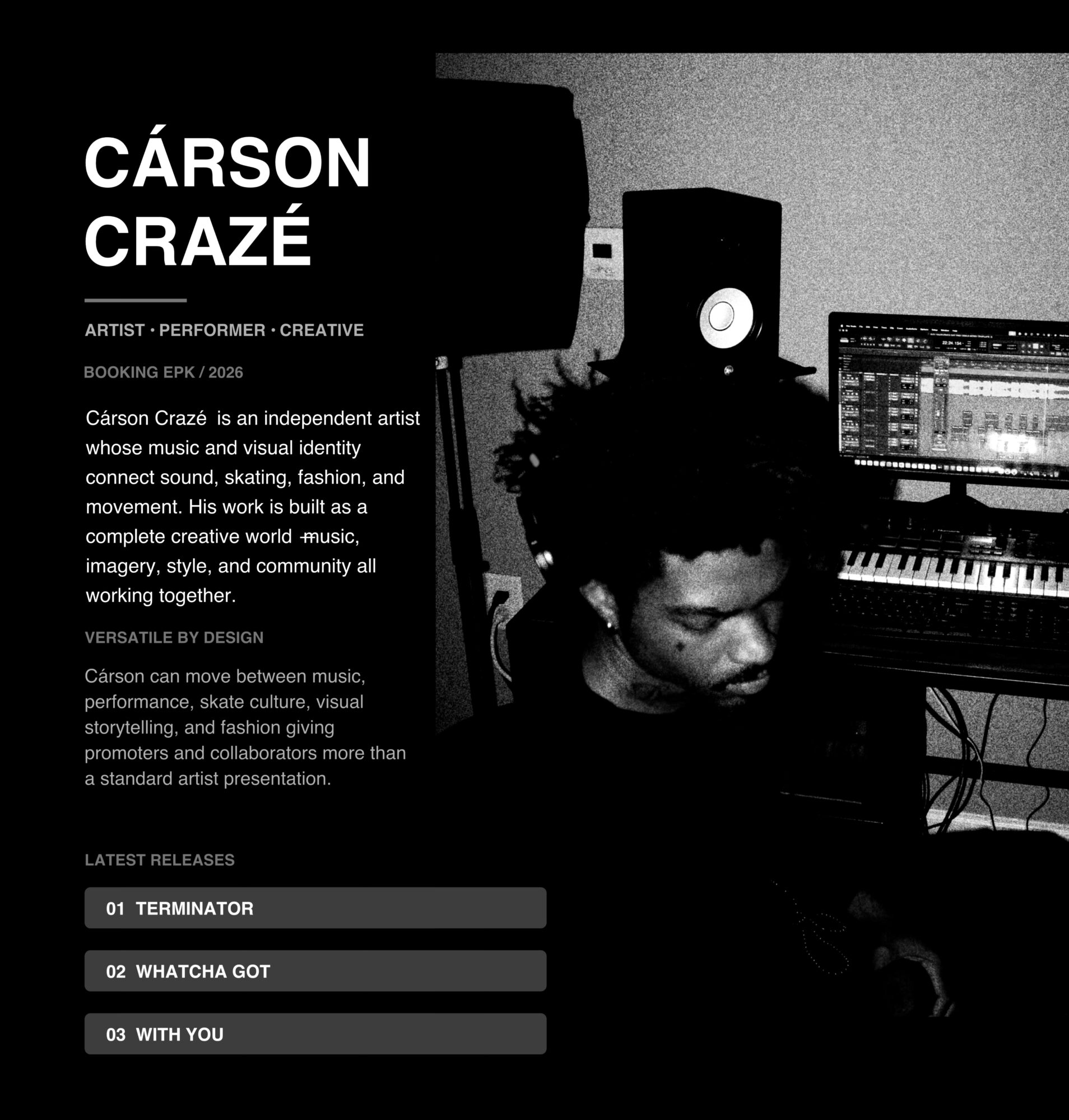 Black and white promotional poster for artist Carson Crazé, featuring music equipment and text about the artist's background and releases.