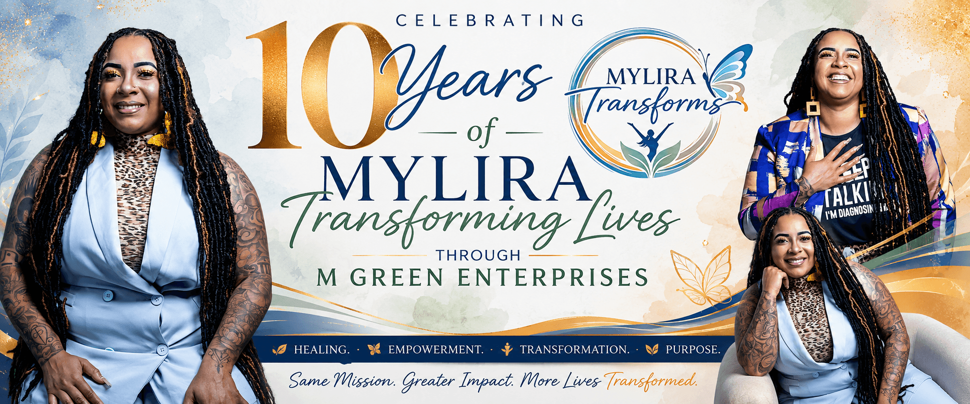 Three women in colorful outfits smiling at a celebration event with a banner celebrating 10 years of MY LIRA.
