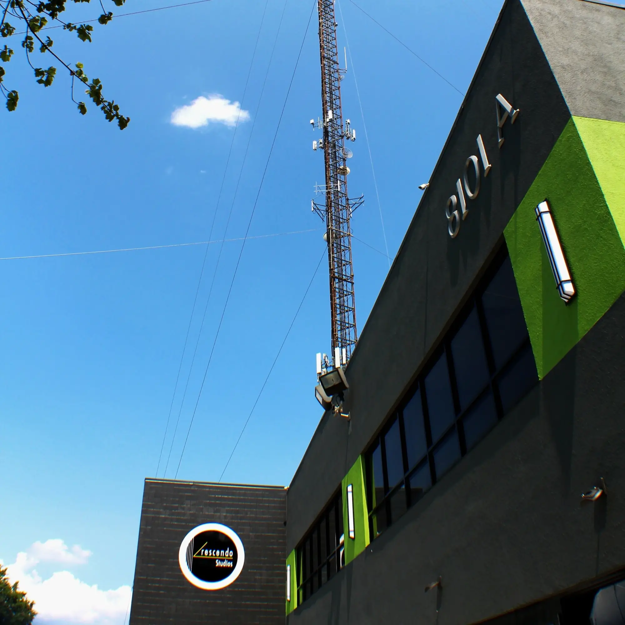 Building with green and black exterior, antenna tower against blue sky with clouds, and a tree branch in the top left corner.