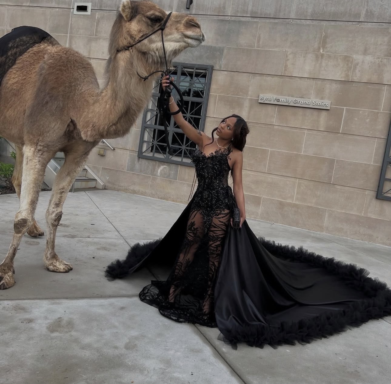 Woman in a black lace gown with a long train stands on concrete, holding a camel's leash, in front of a stone building.