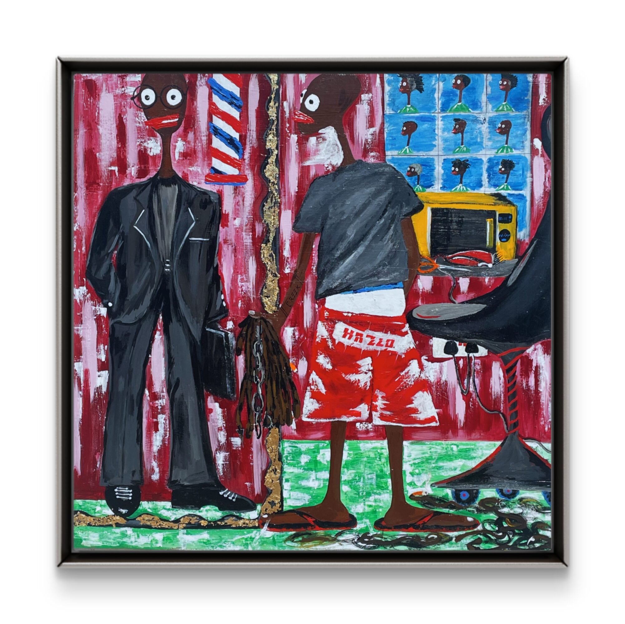 Two cartoonish figures with large eyes and elongated heads stand in front of a red and blue background, one holding a bag.