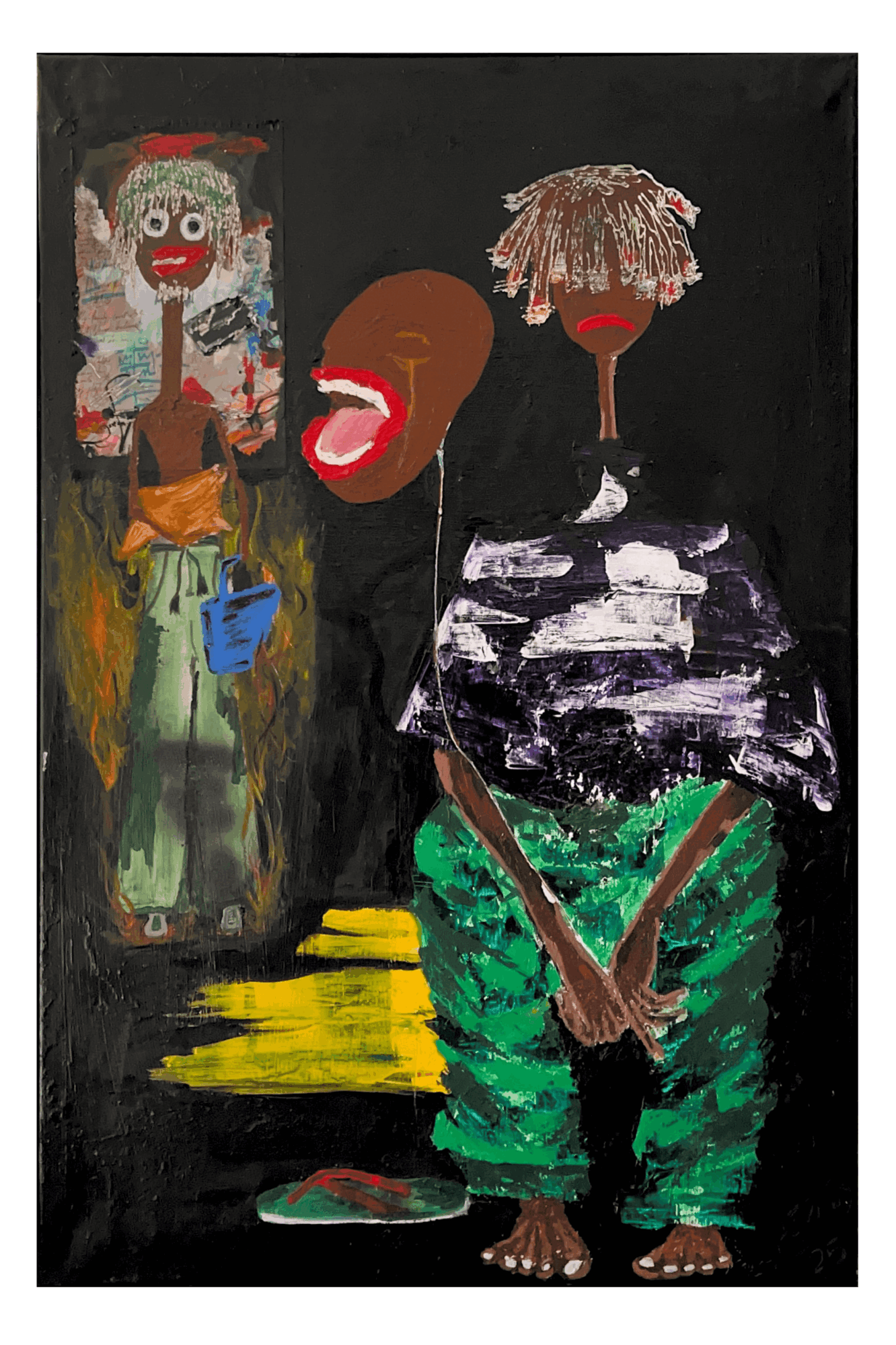 Three abstract figures with exaggerated features and colorful clothing against a black background.
