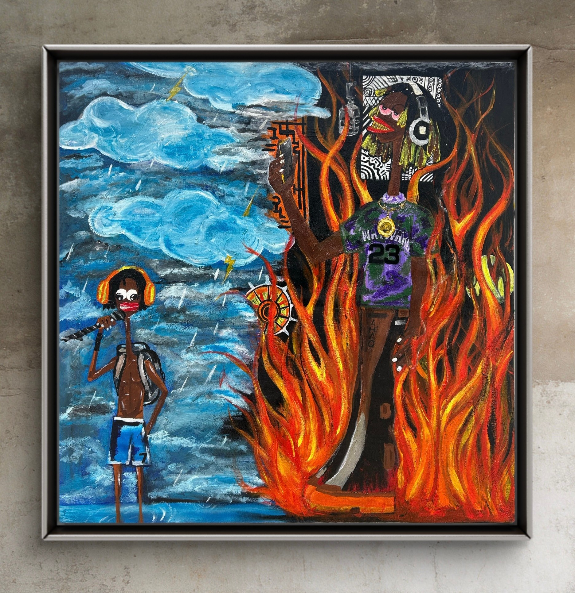 Painting depicts a person on the left with blue sky and clouds, and a figure surrounded by flames on the right.