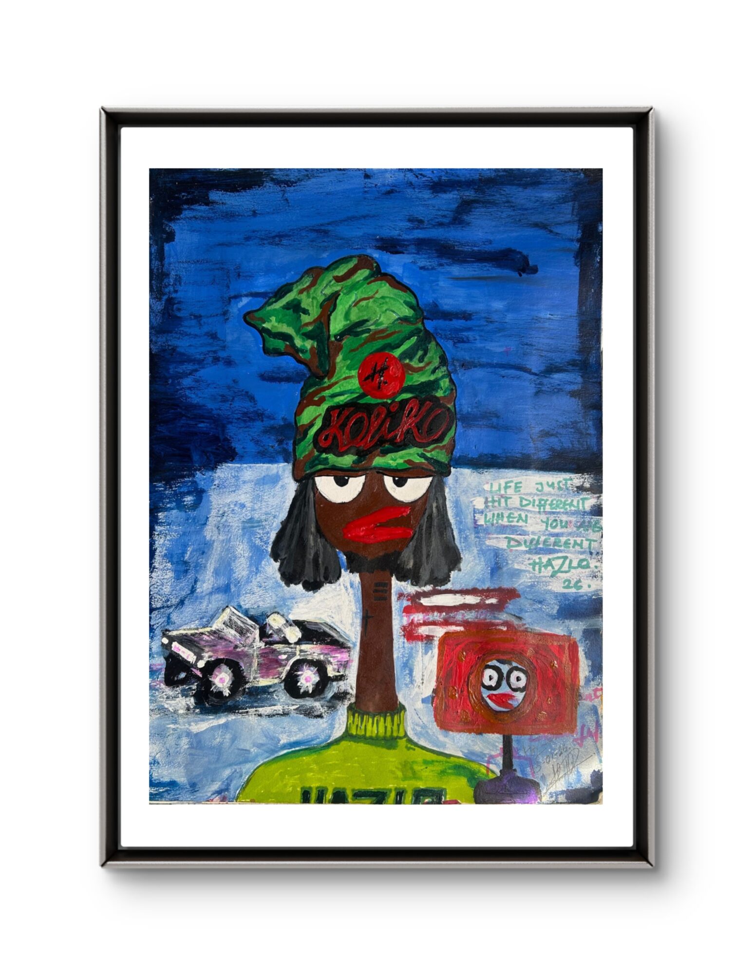 Colorful painting of a person with a green hat, red lips, and glasses, with cars and a red box in background.