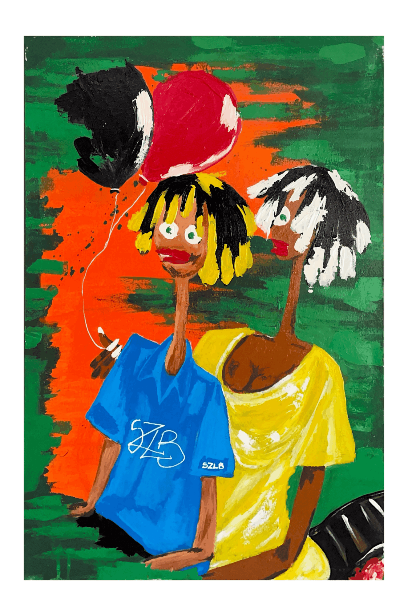 Two animated characters with umbrellas, one wearing a blue shirt and the other a yellow shirt, against a colorful background.