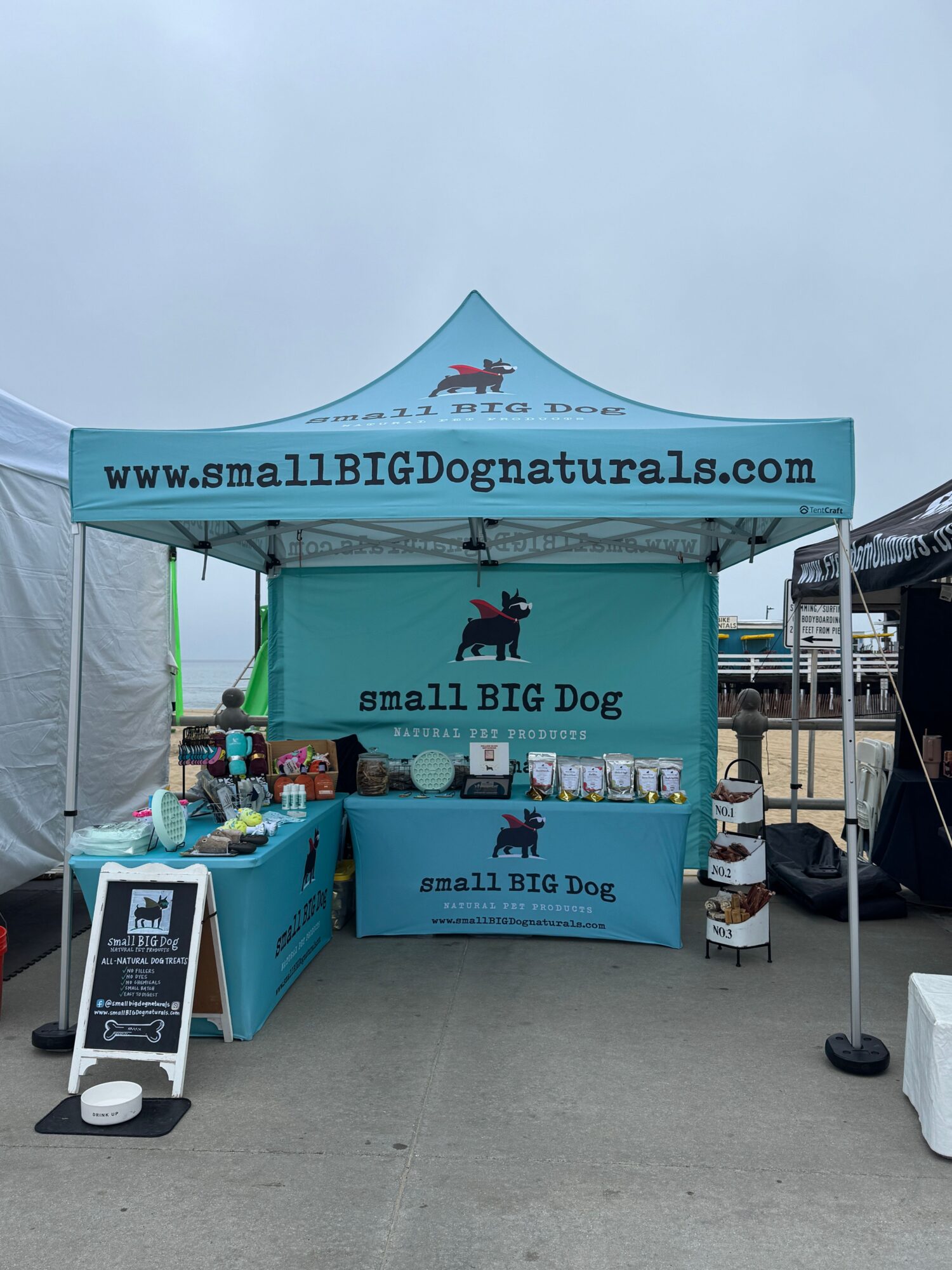 Dog training booth with a blue canopy, displaying small and large BTD signs, and various dog supplies on table.
