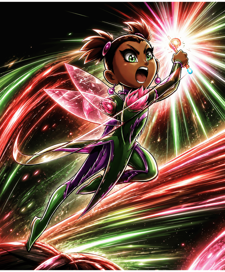 Animated girl with fairy wings reaching for a glowing orb amid colorful light streaks, excited expression, dark background.