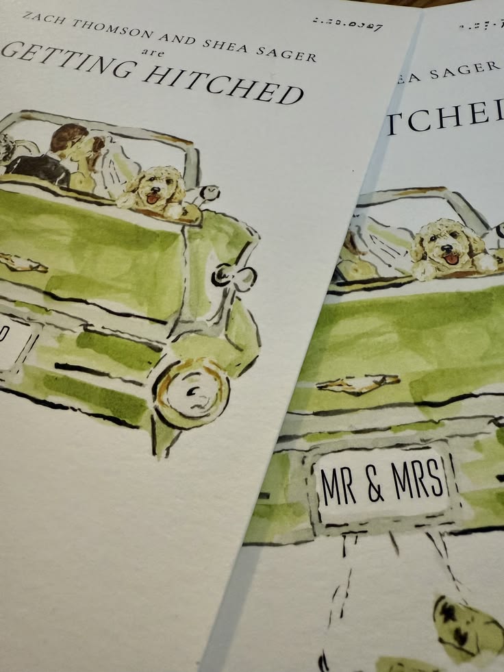 Book cover with an illustration of a green car carrying two dogs, with text about getting hitched and a sign reading 'MR & MRS'.