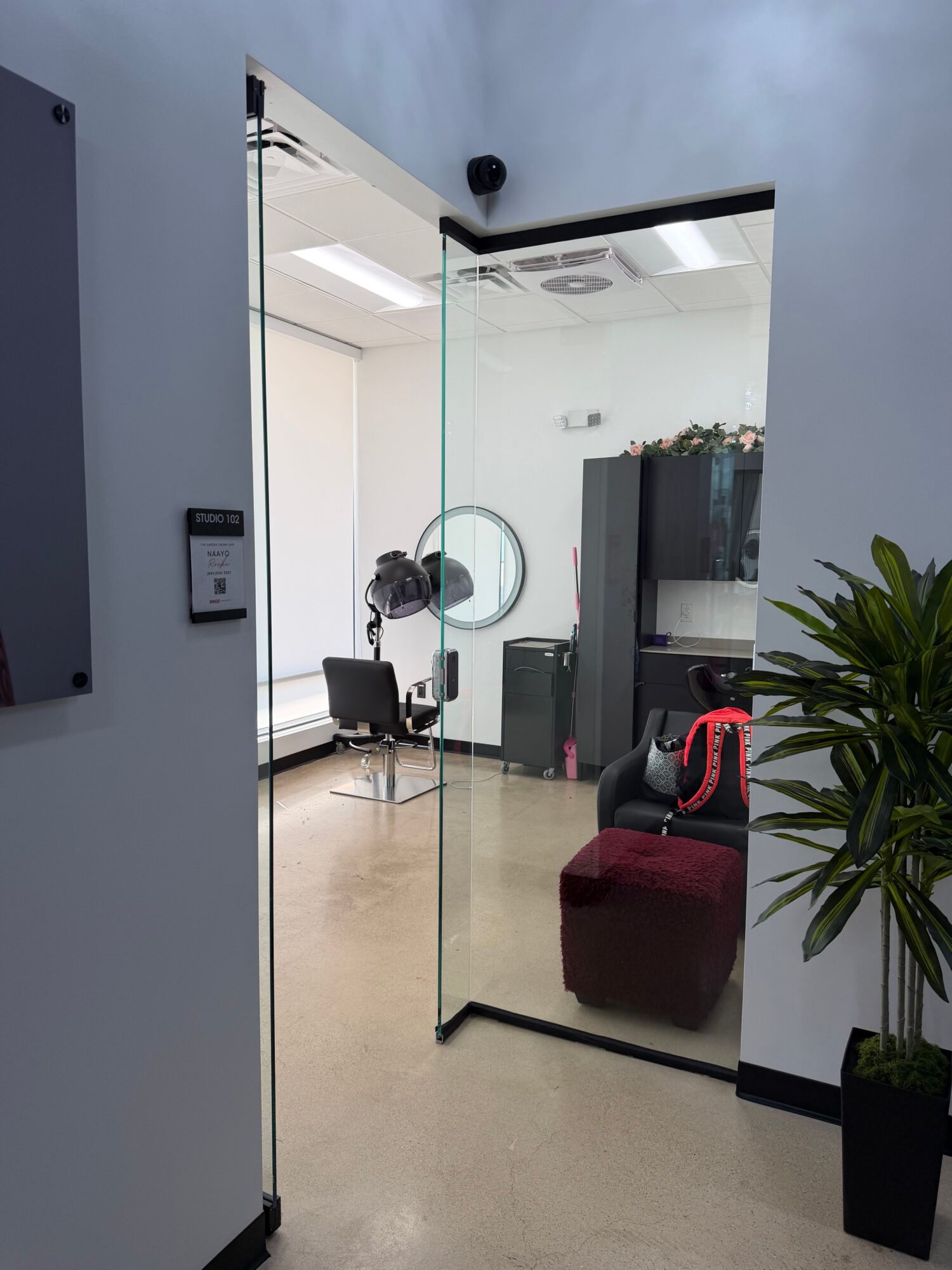 Office interior with a glass wall, potted plant, and a red chair, viewed from the side.
