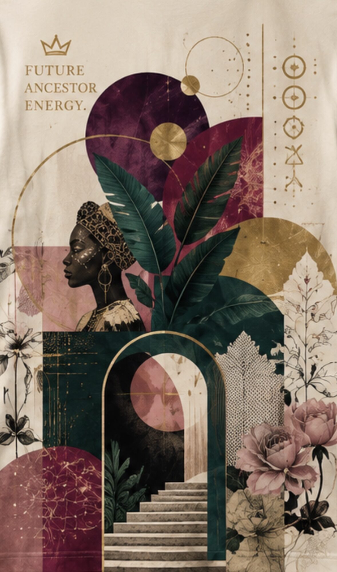 Abstract collage with a woman, plants, flowers, geometric shapes, and text reading 'Future Ancestor Energy'.