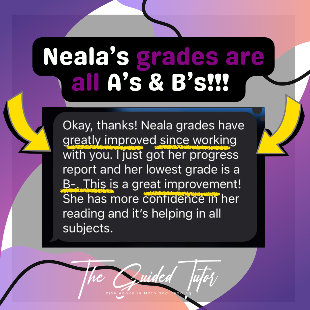 A colorful poster celebrating Neala's grades with text about her progress and confidence, featuring yellow arrows and a signature.