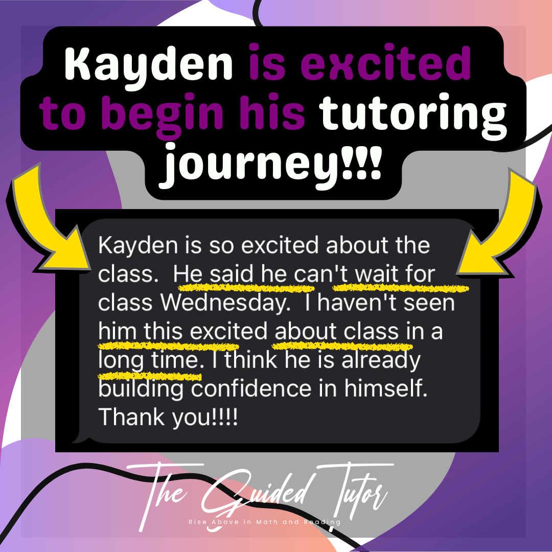 Text about Kayden's excitement for tutoring, with highlighted and underlined phrases, on a colorful background.