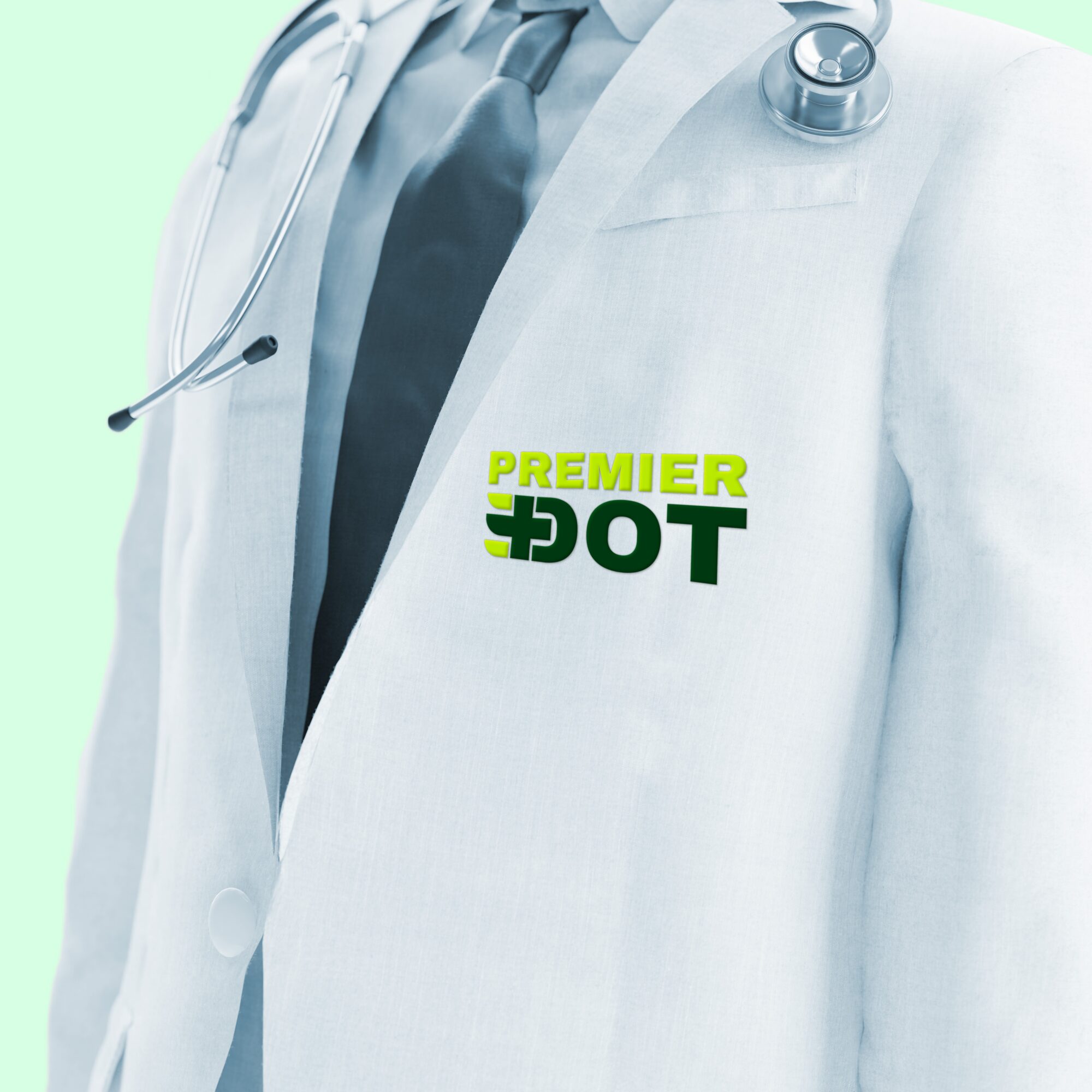 Close-up of a medical professional's white coat with a stethoscope, featuring a logo that reads 'PREMIER DOT' in green and black.